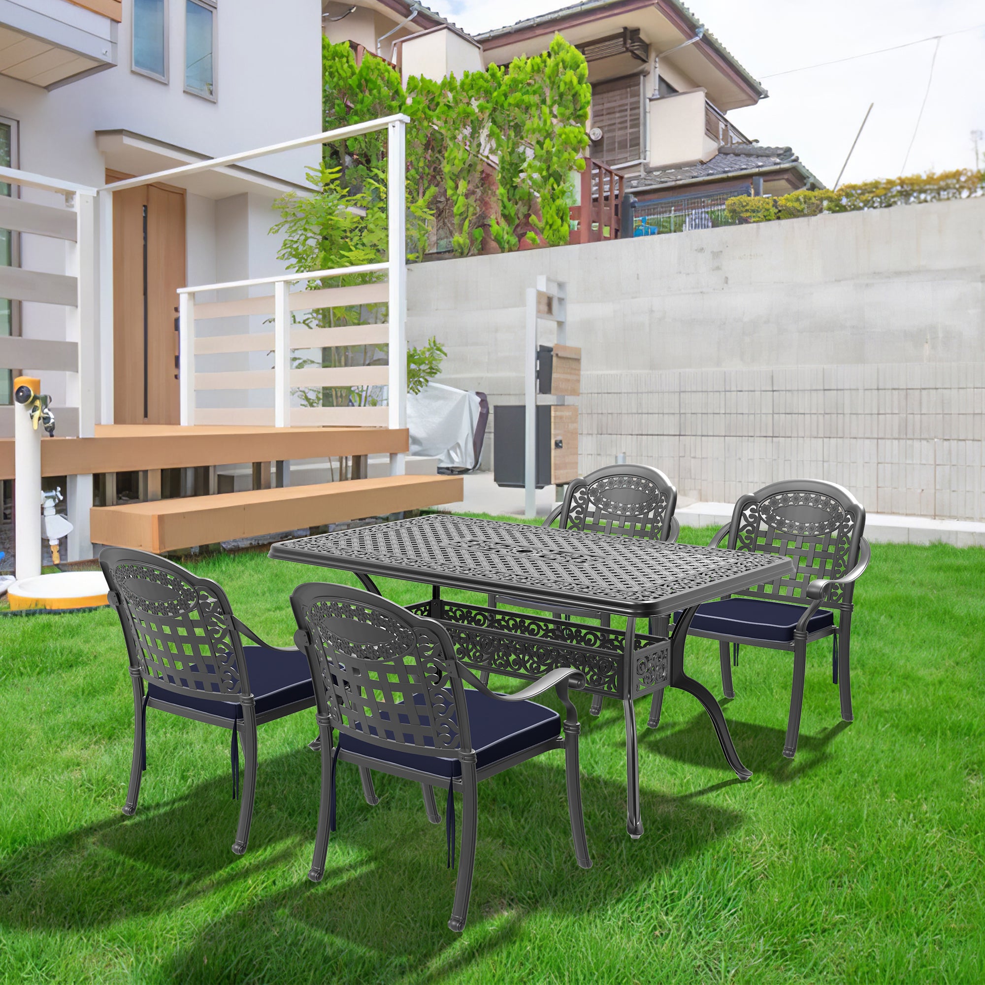 5-Piece Cast Aluminum Patio Furniture Set with Cushions (Random Colors) - Durable Outdoor Seating for Garden, Poolside & Backyard Relaxation