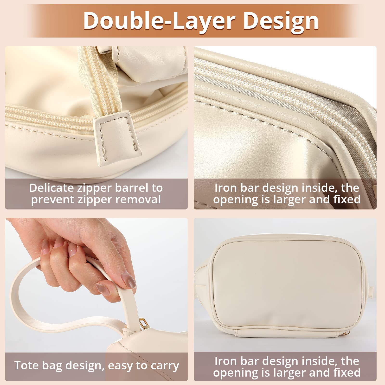Cloud Double Makeup Bag - Off-White Waterproof Cosmetic Organizer for Travel & Daily Use | Perfect for Makeup Brushes, Lipsticks & Skincare Products