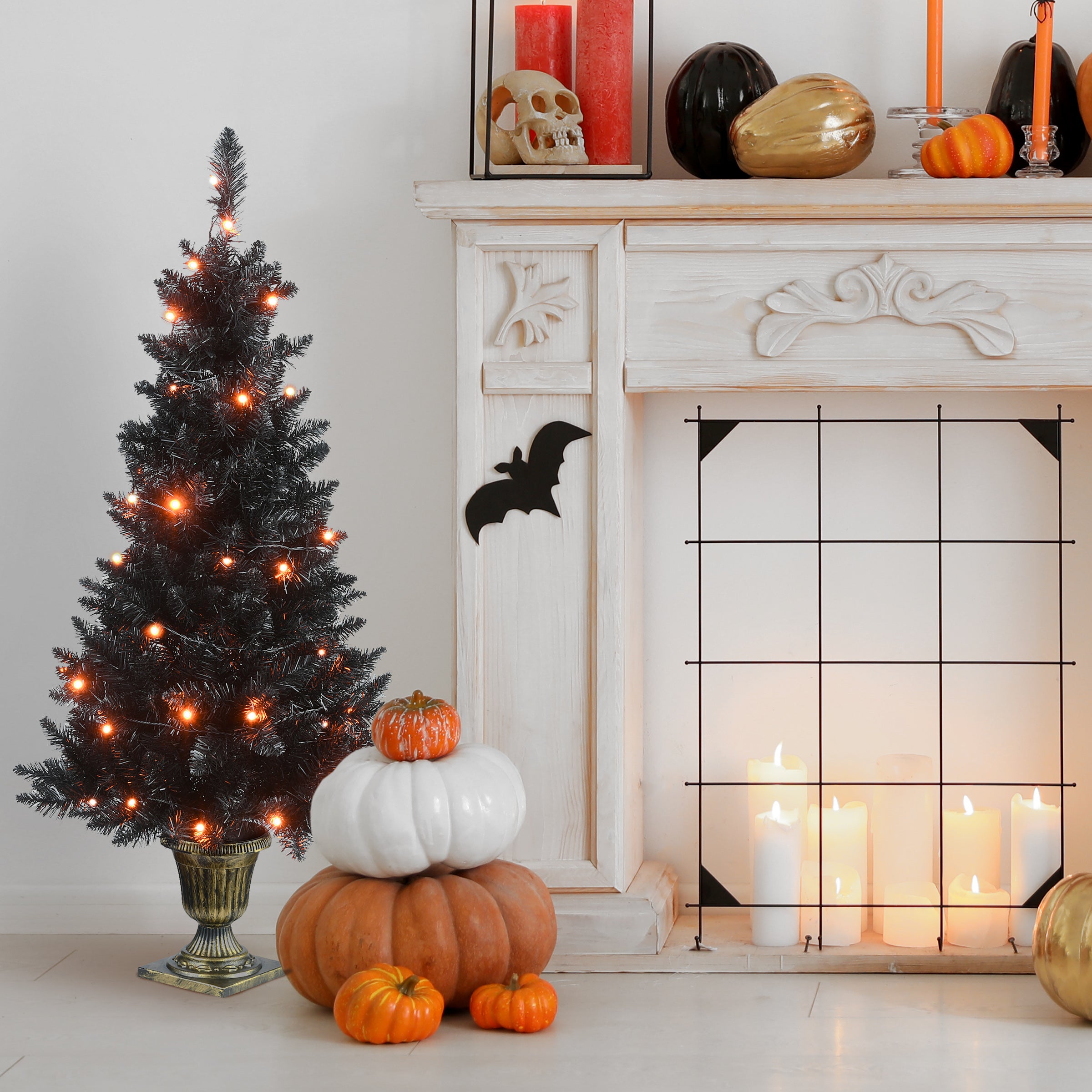4 ft. Black Artificial Christmas Tree with Warm Orange String Lights - Perfect for Indoor Holiday Decor, Living Room, and Festive Party Decorations