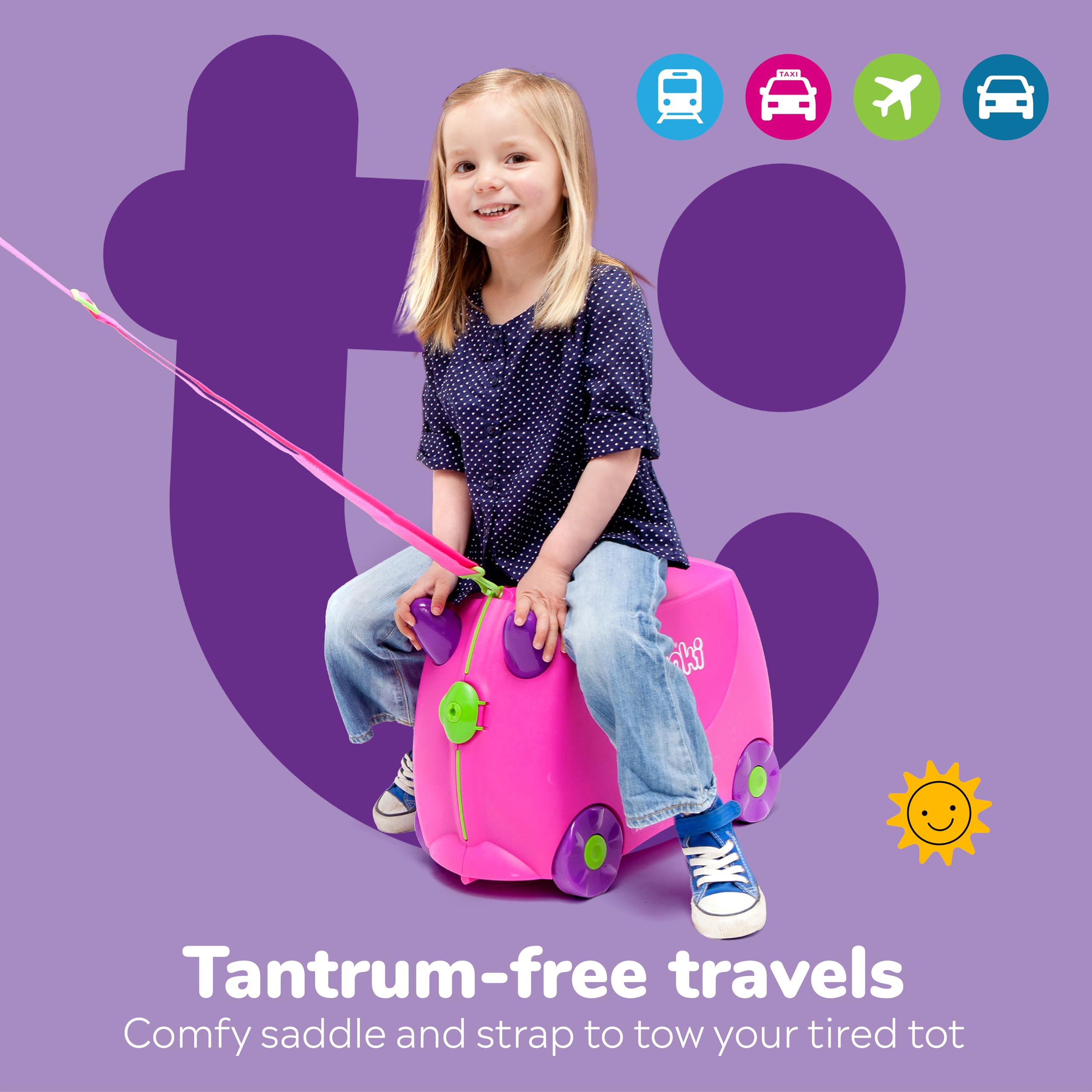 Trunki Ride-On Kids Suitcase - Tow-Along Toddler Luggage with Wheels | Cute Carry-On Travel Bag for Girls | Airplane Essentials & Kids Travel Accessories | Perfect for Family Trips & Airports (Trixie Girl Pink)