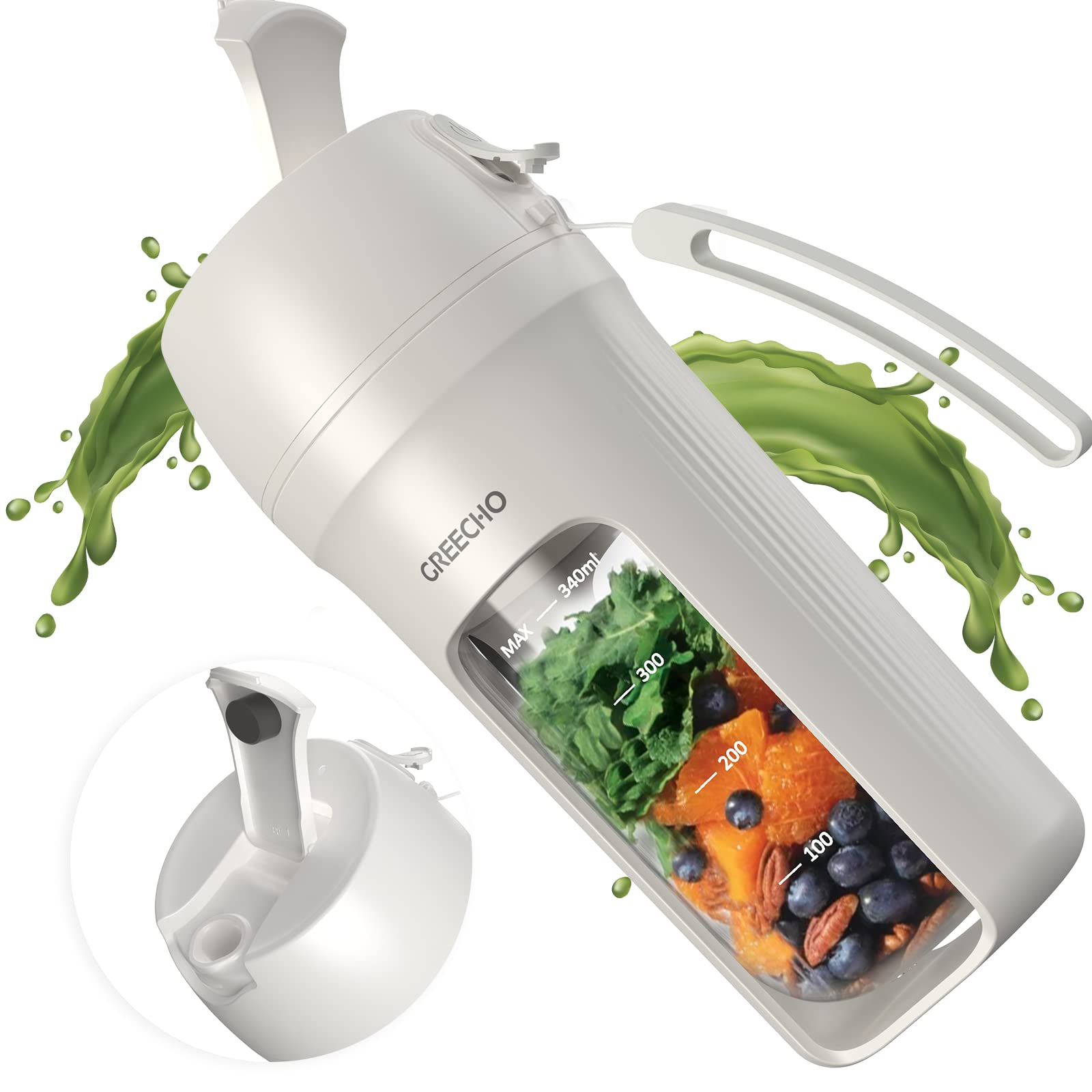 GREECHO Portable Blender for Smoothies & Shakes - 12oz USB Rechargeable Mini Blender, One-Handed Operation, BPA-Free Material, Matte White - Perfect for Gym, Office & Travel