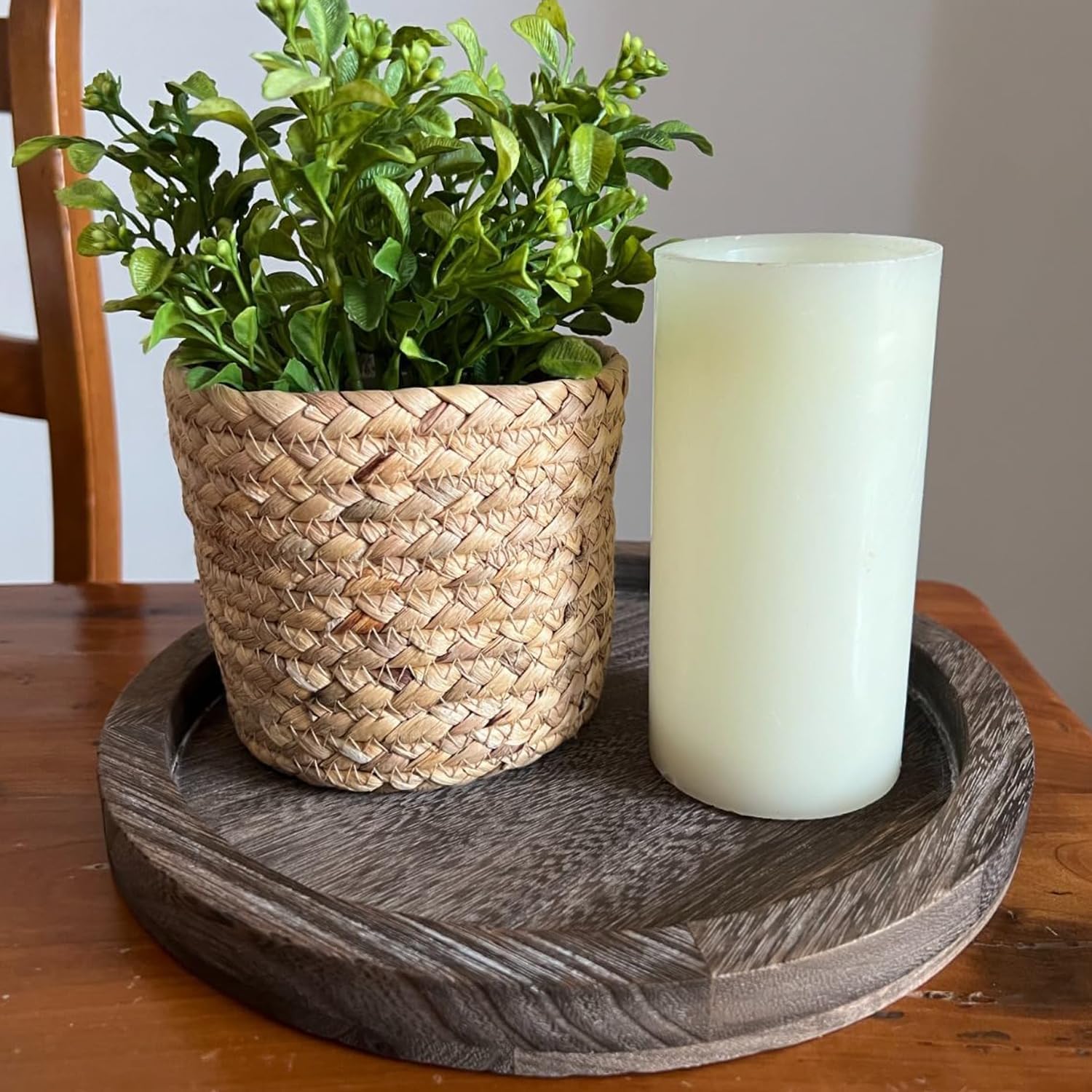 11'' Round Wooden Serving Tray - Rustic Farmhouse Kitchen & Dining Table Centerpiece Decor - Handcrafted Light Coffee Wood Decorative Tray for Home, Coffee Table, and Party Serving - Perfect for Farmhouse Style Decor, Gift Giving, and Entertaining Guests