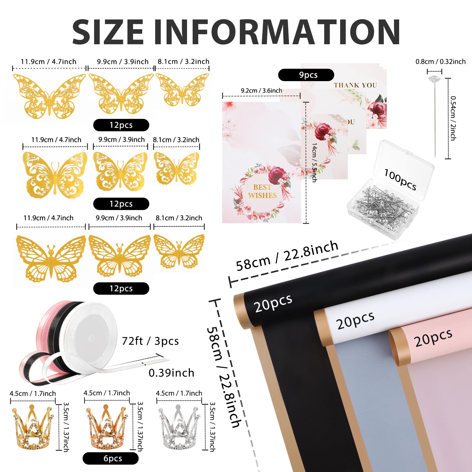 60 Sheets Floral Wrapping Paper Set - 3 Elegant Colors (Black, Rose Pink, White) for Wedding Bouquets, Birthday Gifts & Special Occasions | Includes 3 Rolls Ribbon, 3D Butterflies & Crown Accents | Perfect for Flower Arrangements, Gift Wrapping & DIY Craft Projects