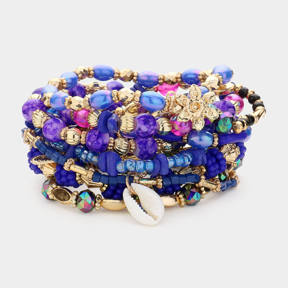10PCS Shell Metal Flower Heart Charm Wood Multi Beads Layered Bracelets for Women - Boho Chic Handmade Jewelry for Casual Wear, Parties & Gifts