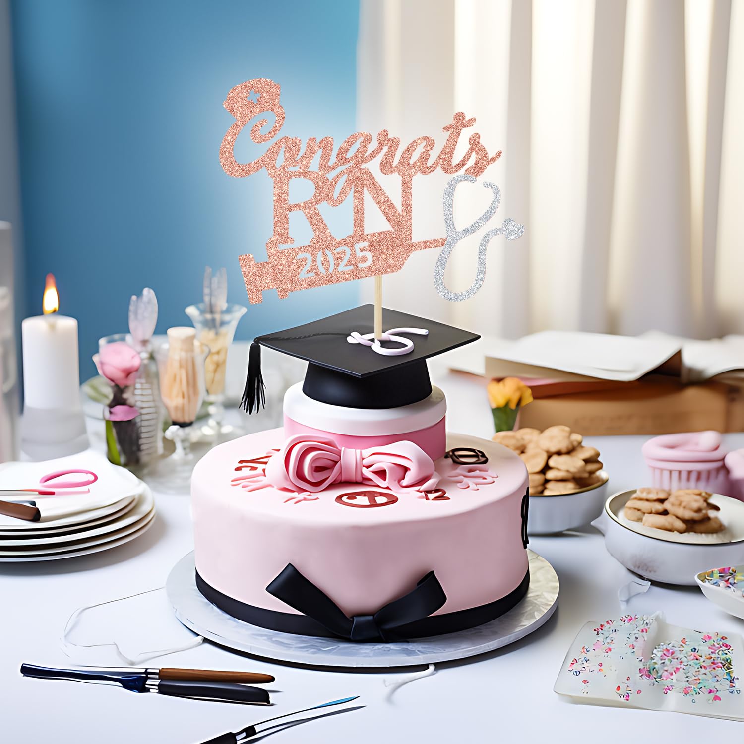 Rose Gold Glitter Congrats RN 2025 Cake Topper - 2025 Nursing Graduation Party Decorations, Nurse Graduation Photo Props for RN Graduates | Perfect for Nursing School Graduation Cakes, Nurse-Themed Parties & Graduation Photo Shoots