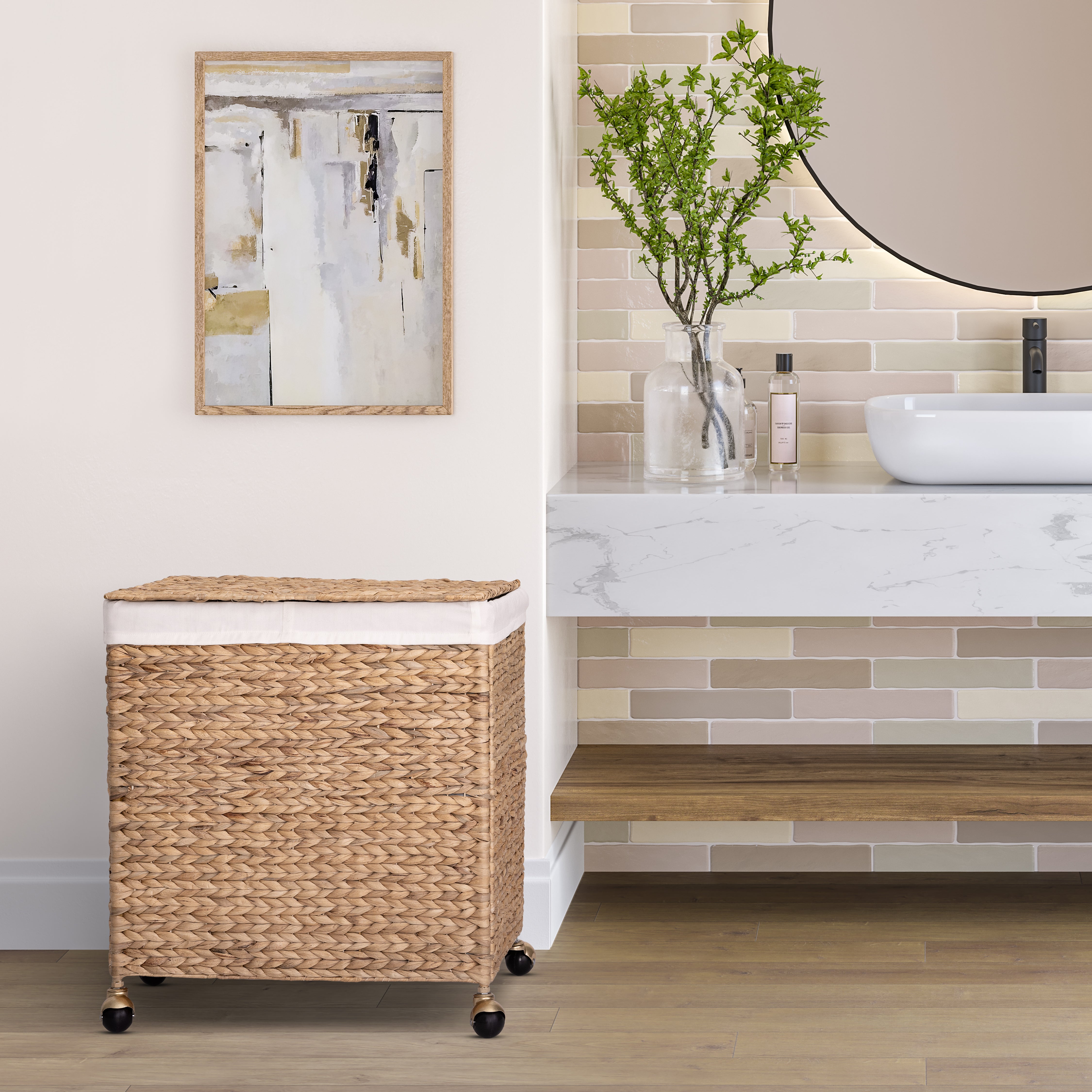 Natural Handwoven Double Laundry Hamper with Lid & Gold Wheels - Stylish Storage for Bedroom, Bathroom or Nursery Organization