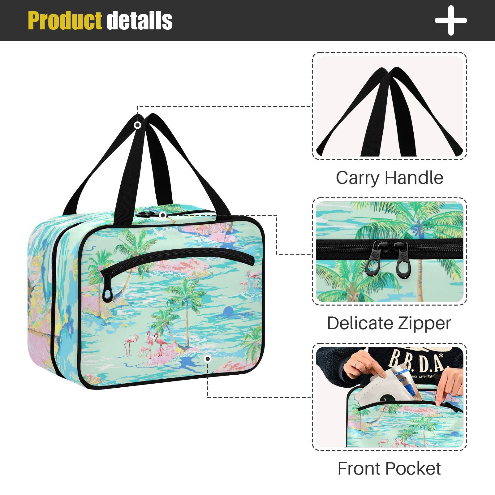 Flamingo Island Large Travel Toiletry Bag for Women - Waterproof Hanging Cosmetic Organizer with Multiple Pockets | Perfect for Vacation, Gym, Camping & Business Trips
