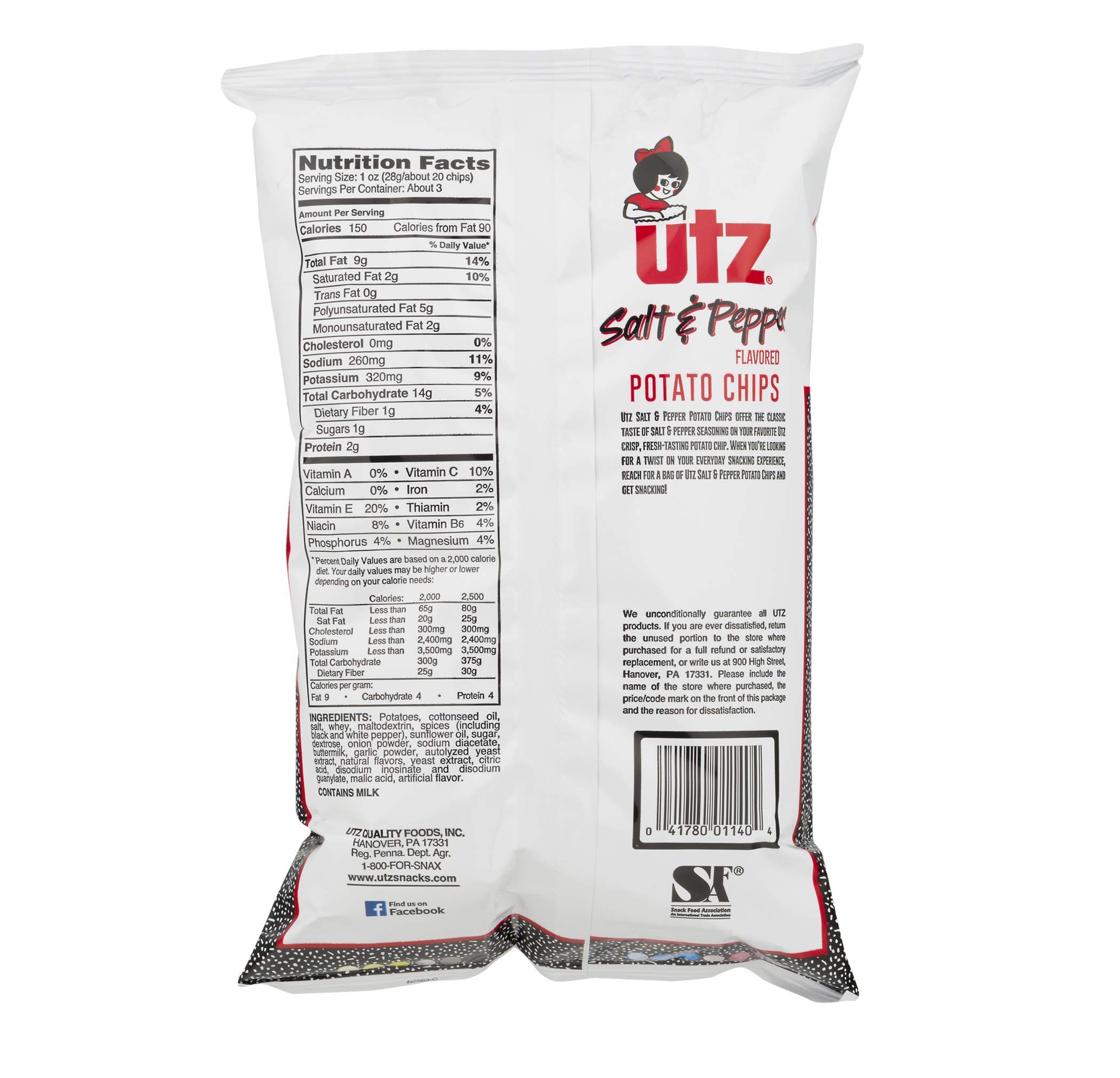 UTZ Salt & Pepper Flavored Potato Chips 2.875 oz (Pack of 14) - Crunchy Snacks for Parties, Picnics & On-the-Go Snacking
