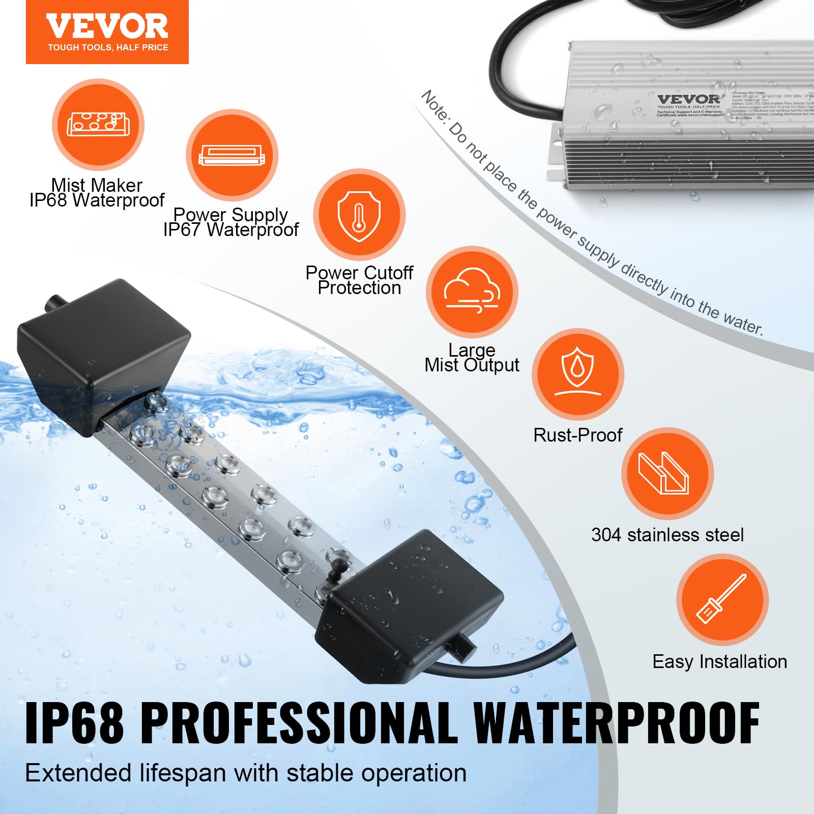 VEVOR 12-Head Ultrasonic Mist Maker Fogger - 9000mL/H High Output with 300W IP67 Waterproof Power Supply, Floating Buoy & Replacement Discs - Perfect for Ponds, Gardens, Rockeries, Greenhouses & Halloween Decorations - Create Magical Ambiance for Parties, Weddings & Home Relaxation