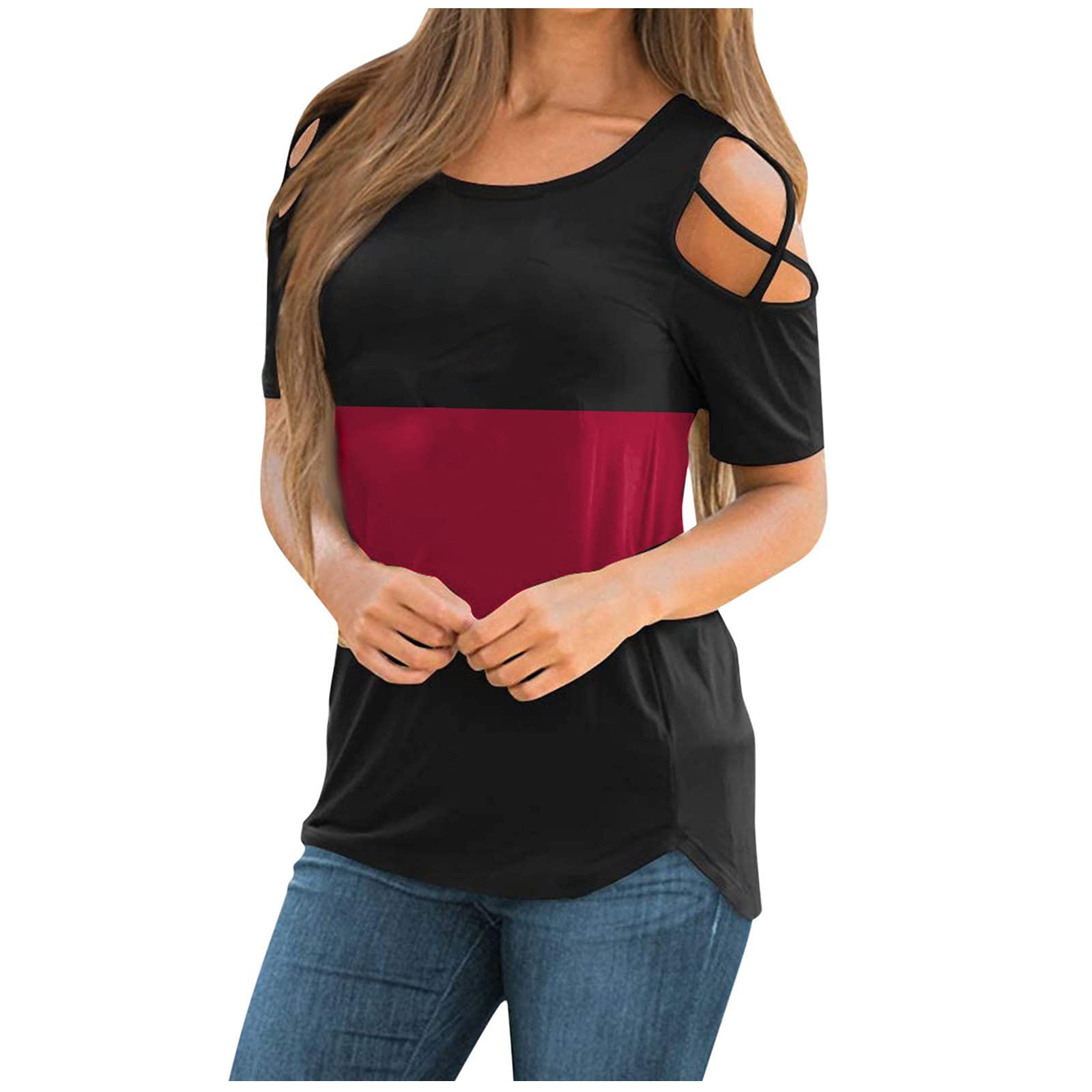 Women's Cold Shoulder Summer Tops - Short Sleeve Strappy T-Shirt Blouse for Casual Outings, Beach Wear & Date Nights