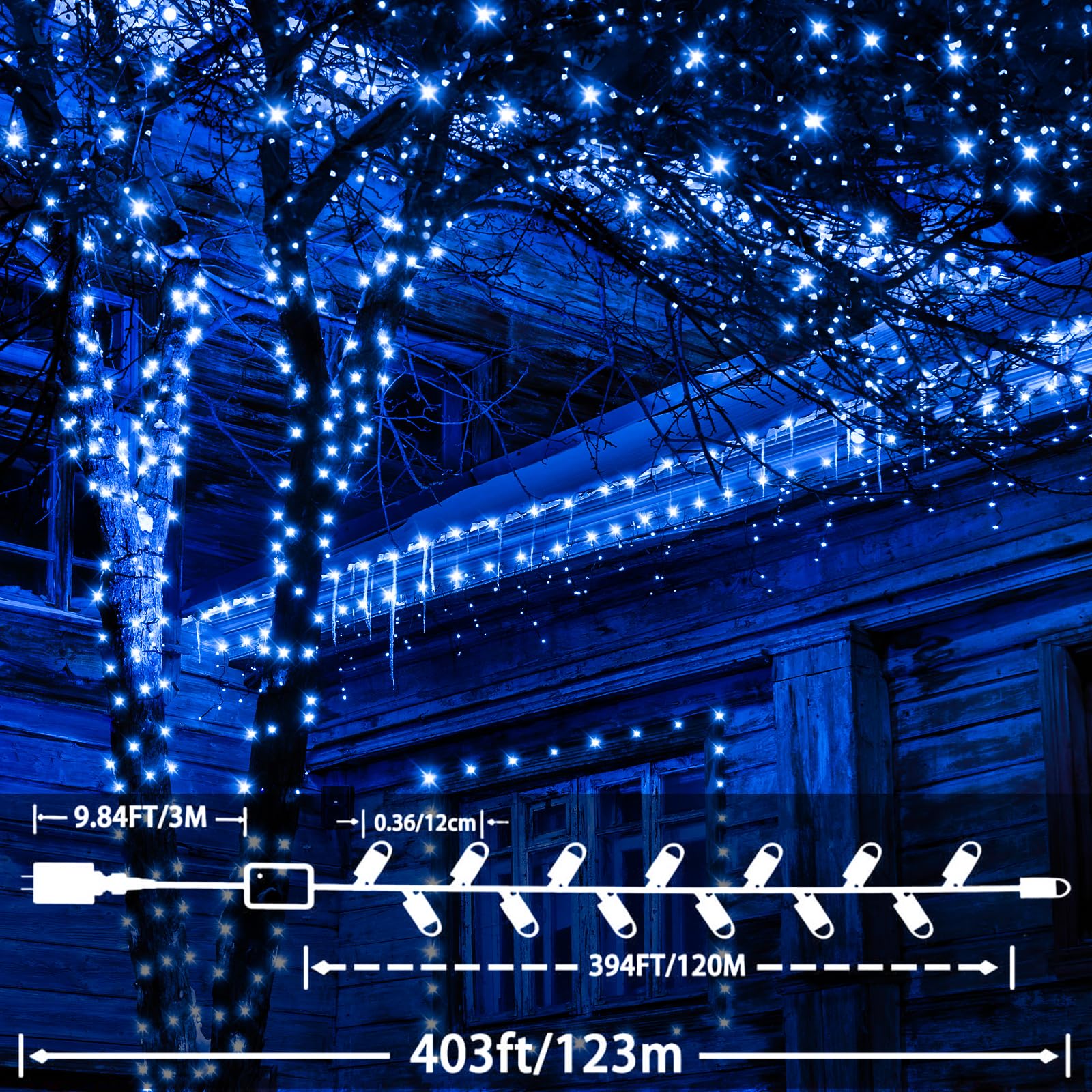 JXLEDAYY 200 FT 500 LED Christmas Lights Outdoor Waterproof Fairy String Lights - 8 Lighting Modes with Timer, Clear Wire for House, Tree, Patio, Yard, Wedding & Holiday Decor (Blue) | Perfect for Christmas, Halloween, Garden Parties & Backyard Events