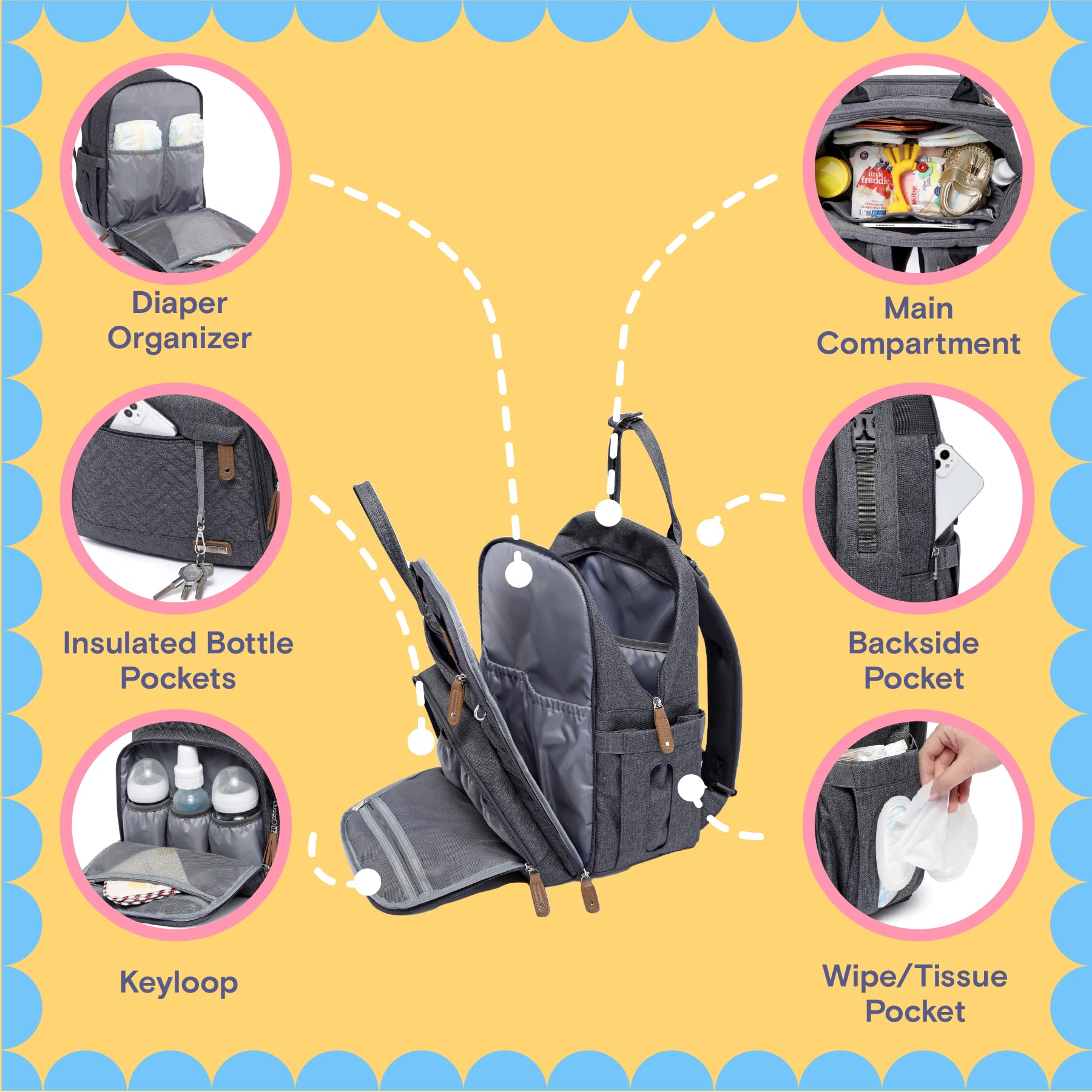 iniuniu Waterproof Diaper Backpack - Large Unisex Baby Bag for Boys & Girls, 4-in-1 Travel Backpack with Changing Pad, Pacifier Case & Stroller Straps (Dark Gray) - Perfect for Daycare, Travel & Family Outings