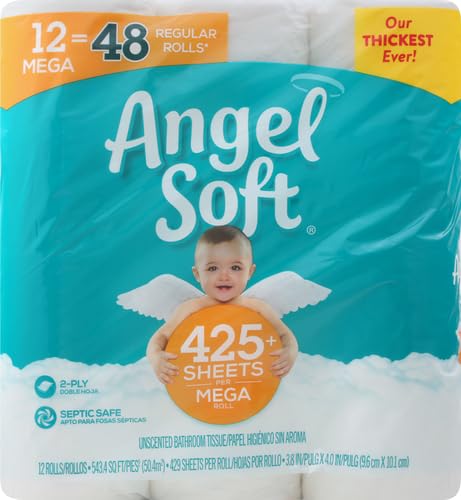Angel Soft Toilet Paper - 12 Mega Rolls (Equivalent to 24 Regular Rolls) | Ultra Soft & Strong Bath Tissue for Home, Office & Travel Use
