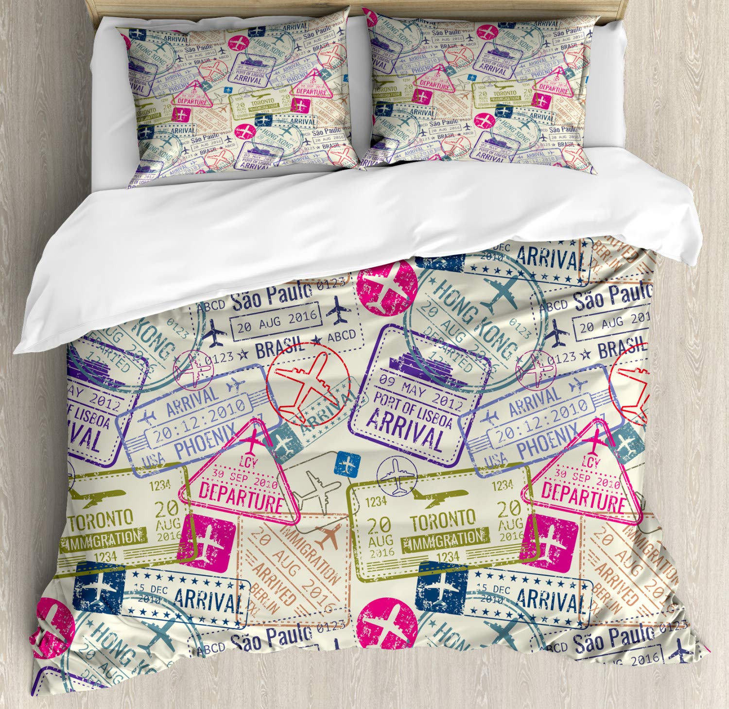 Ambesonne King Size Travel Themed Duvet Cover Set - Passport & Visa Stamp Design with Toronto, Hong Kong, Berlin Prints | 3-Piece Bedding Set Includes 2 Pillow Shams in Eggshell & Pink | Perfect for Wanderlust Bedrooms, Guest Rooms & Travel-Inspired Home Decor