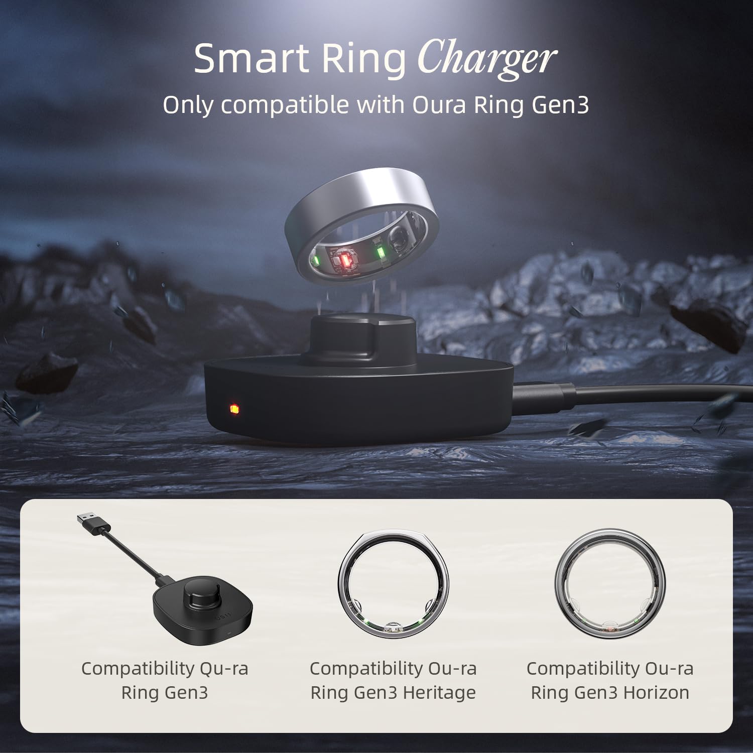 Smart Ring Charger Size 10 - Fast Wireless Charging Dock with USB-C Cable | Compatible with Oura Ring Gen3 & Other Smart Rings | Perfect for Travel, Work & Sleep Tracking (Black)