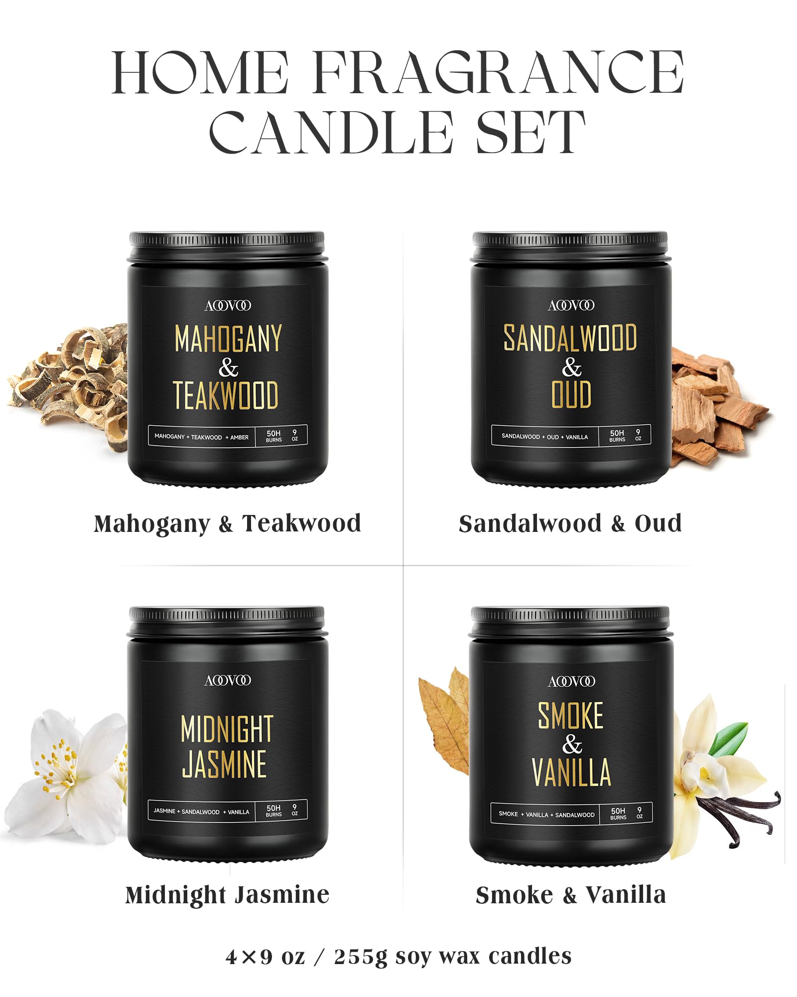 AOOVOO 4 Pack Scented Candles for Men - 36oz Soy Wax Candles with 200 Hour Burn Time, Sandalwood Oud/Mahogany Teakwood/Smoke Vanilla/Jasmine Fragrance Set - Perfect for Home, Office, Meditation & Romantic Gifts