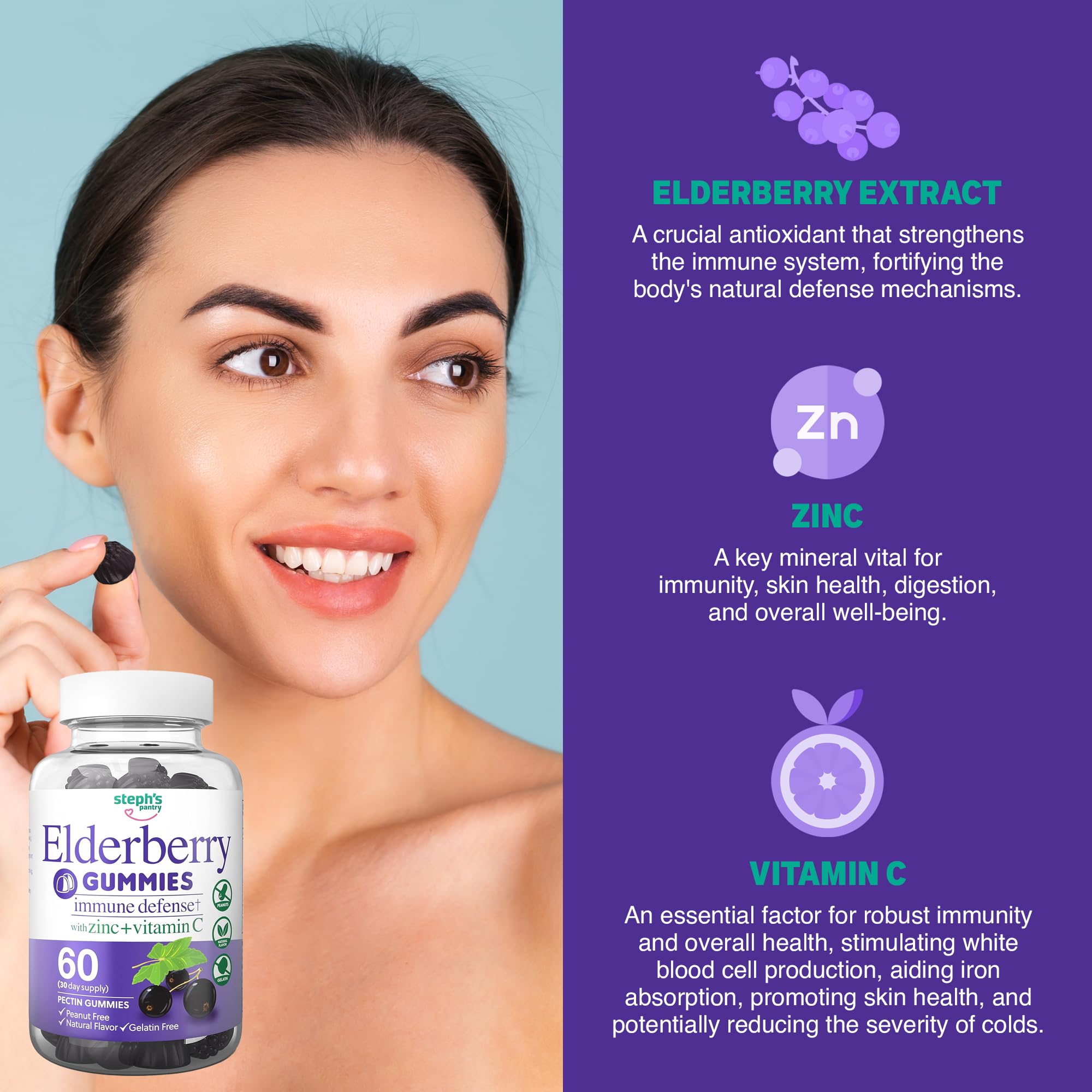 Elderberry Gummies with Vitamin C & Zinc - Immune Support Supplement for Adults & Kids - Vegan, Natural Ingredients - Antioxidant Rich Multivitamin (120 Count) - Perfect for Daily Wellness & Cold Season Defense