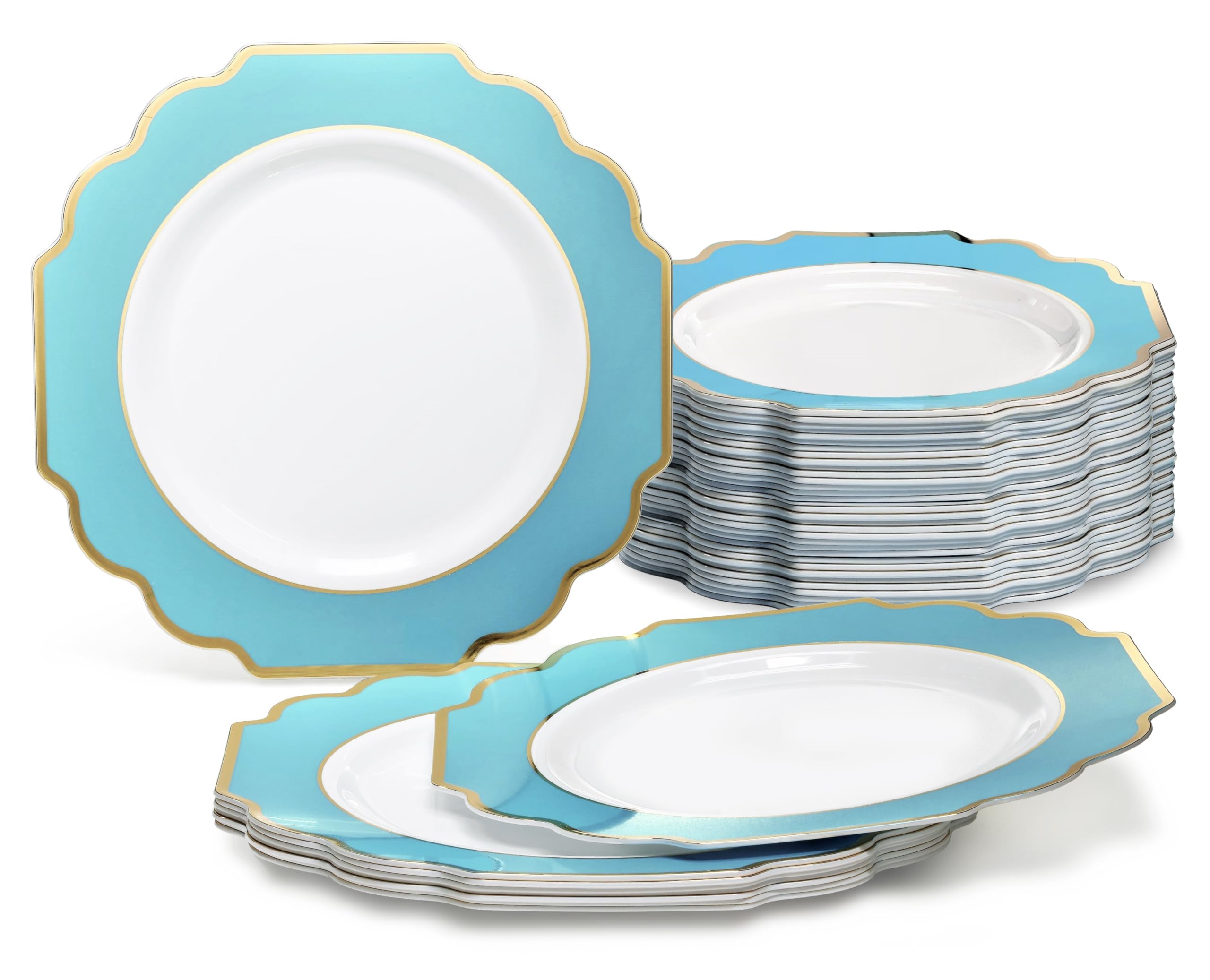 120 Heavyweight Disposable Plastic Plates 10.5 Inch - Elegant Imperial Aqua & Gold for Wedding, Party, Banquet & Special Events | Durable Dinner Plates for Catering, BBQ, Picnic & Family Gatherings