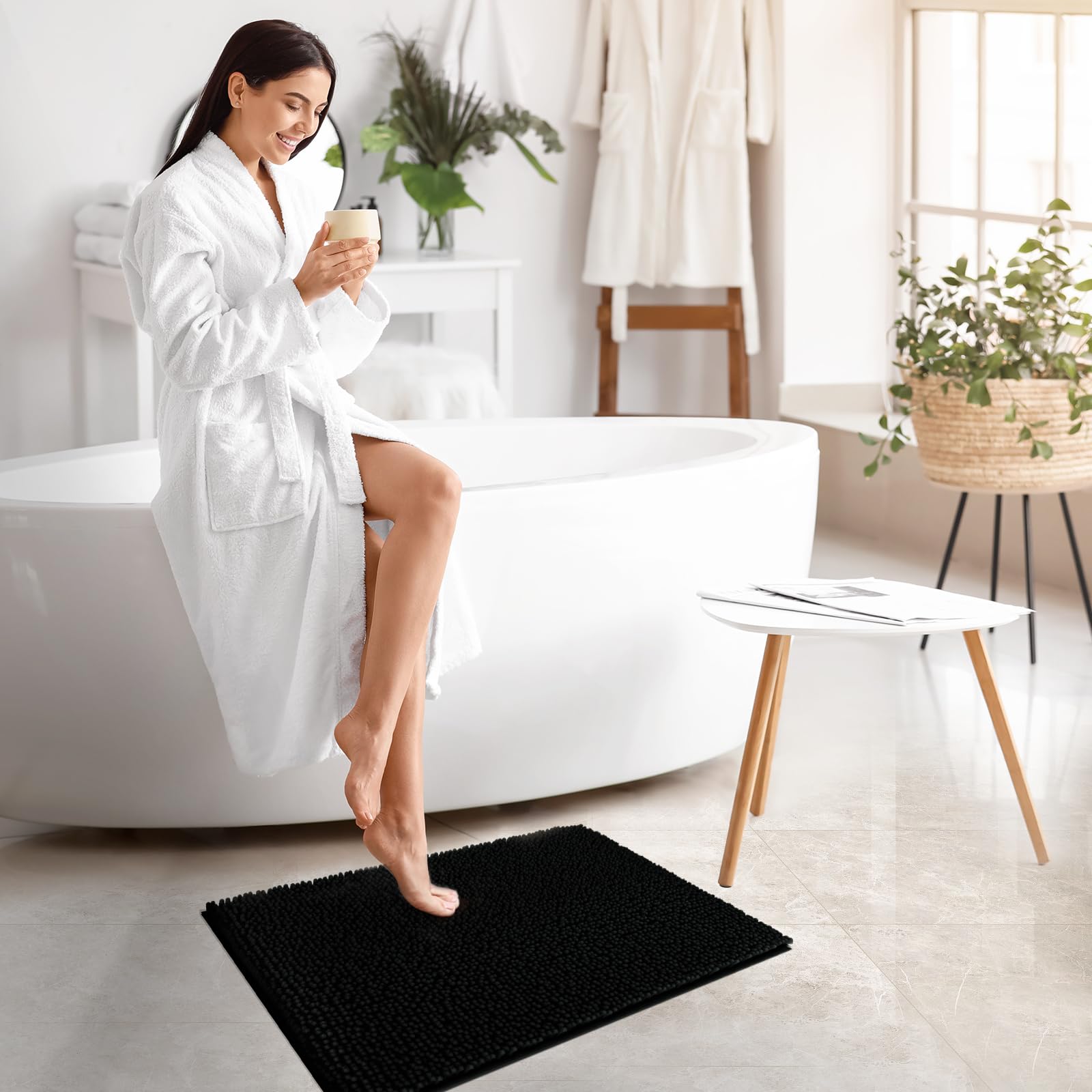 **TECHMILLY Soft Fluffy Chenille Bathroom Rugs - Non-Slip Absorbent Bath Mats for Bathroom, Washable & Quick Dry, Black, 17