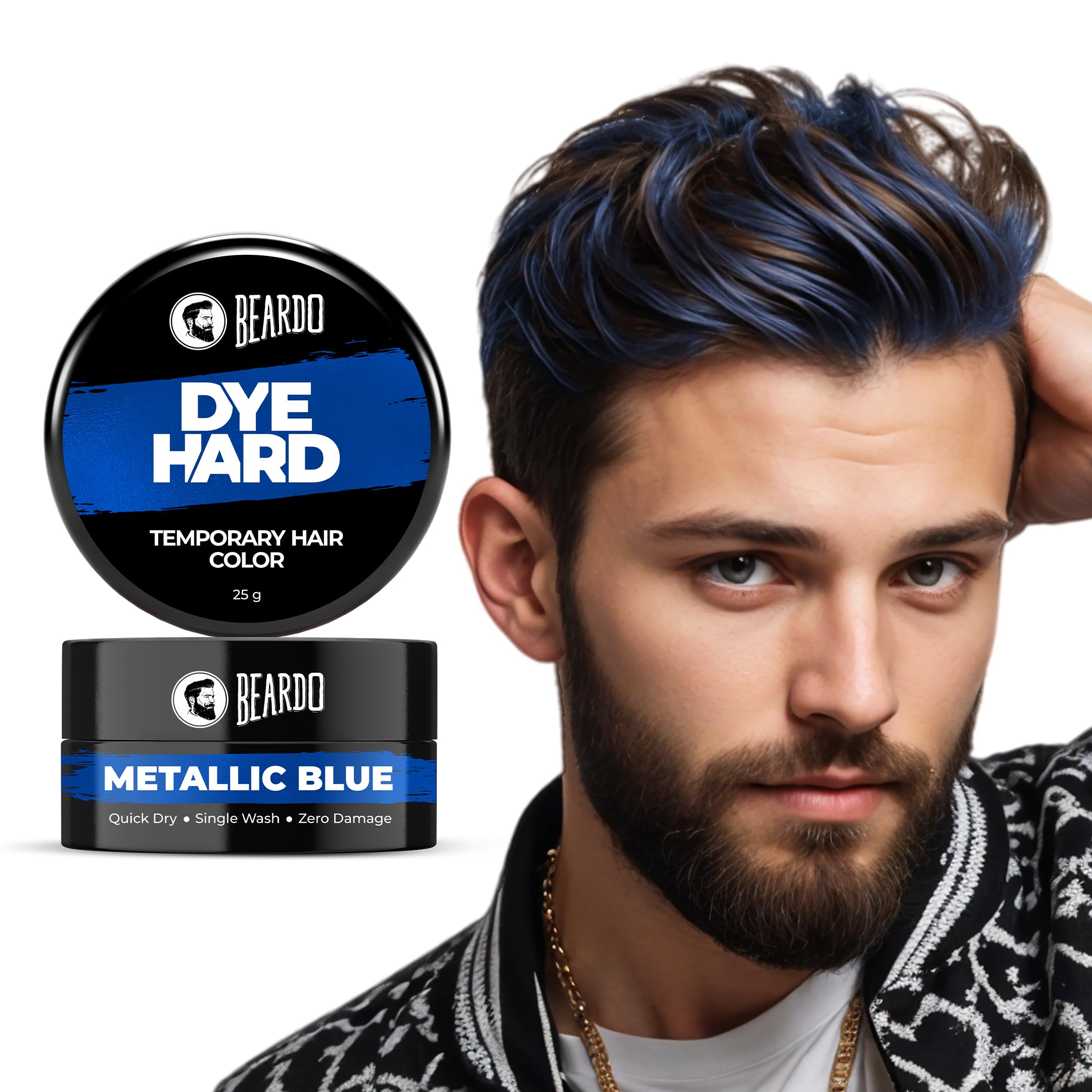 Beardo Dye Hard Temporary Hair Color - Metallic Blue, 25g | 1-Day Washable Hair Dye for Men | No Bleach, No Ammonia, Safe DIY Hair Makeup | Perfect for Halloween, Cosplay & Parties