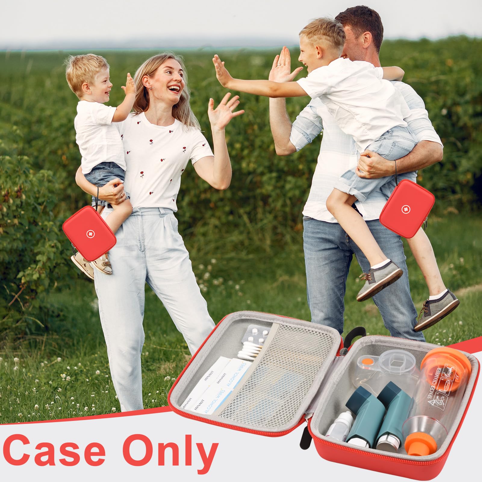Portable Asthma Inhaler Travel Case for Kids & Adults - Durable Hard Shell with Mesh Pocket for Medicine & Accessories - Ideal for Travel, School & Daily Use (Red, Case Only)
