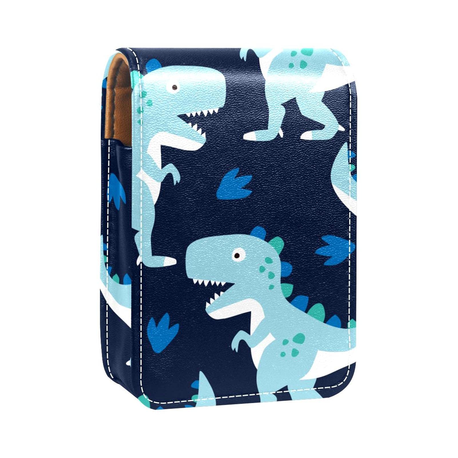 Dinosaur Navy Blue Lipstick Organizer with Mirror - Portable Mini Lipstick Case for Women & Girls, Perfect for Purse, Travel & Makeup Storage