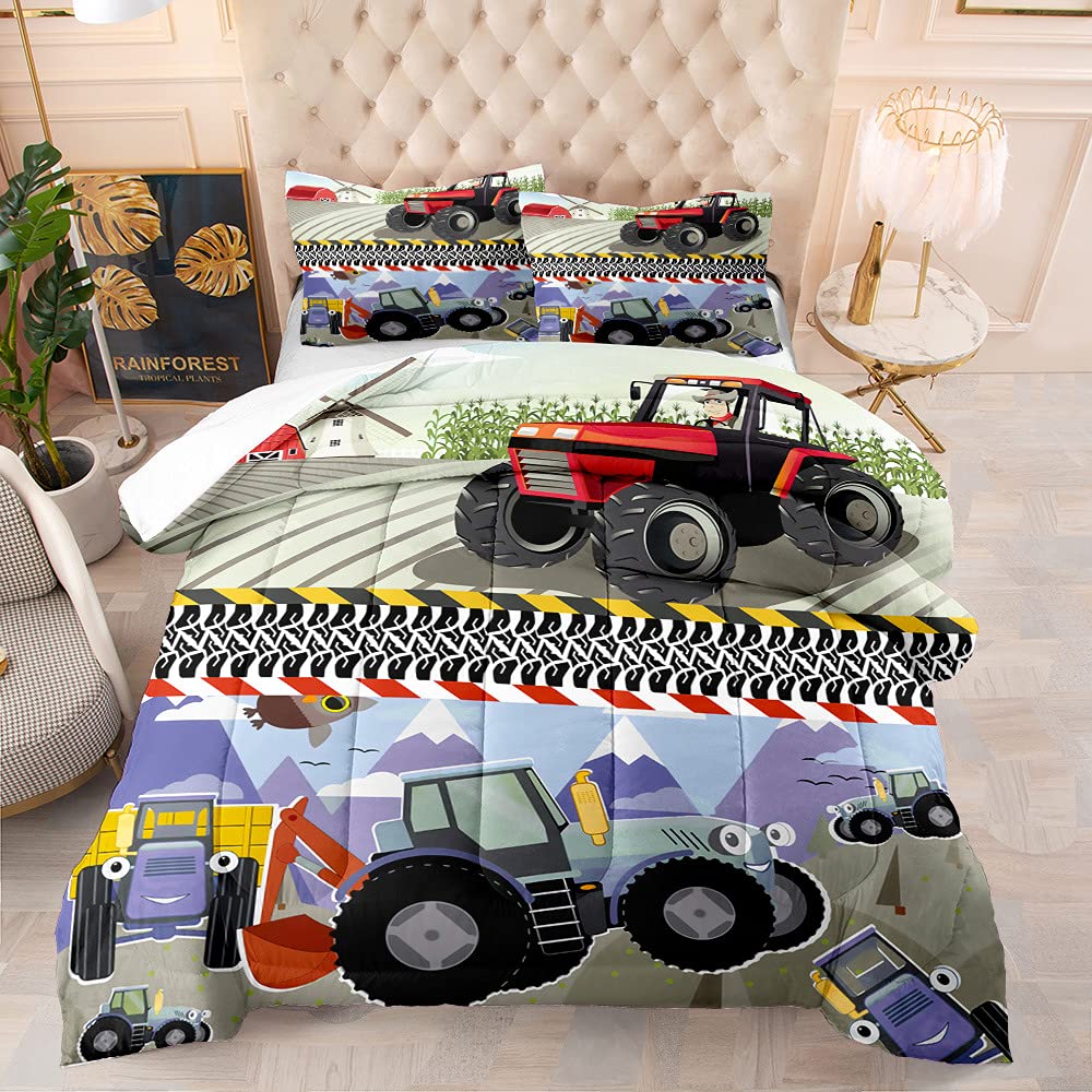 Kxry Cartoon Tractor Bedding Set - King Size Comforter for Boys, Kids & Teens with Excavator, Farm Equipment & Truck Designs - 1 Comforter + 2 Pillowcases - Perfect for Farm-Themed Kids' Rooms & Playful Bedroom Decor