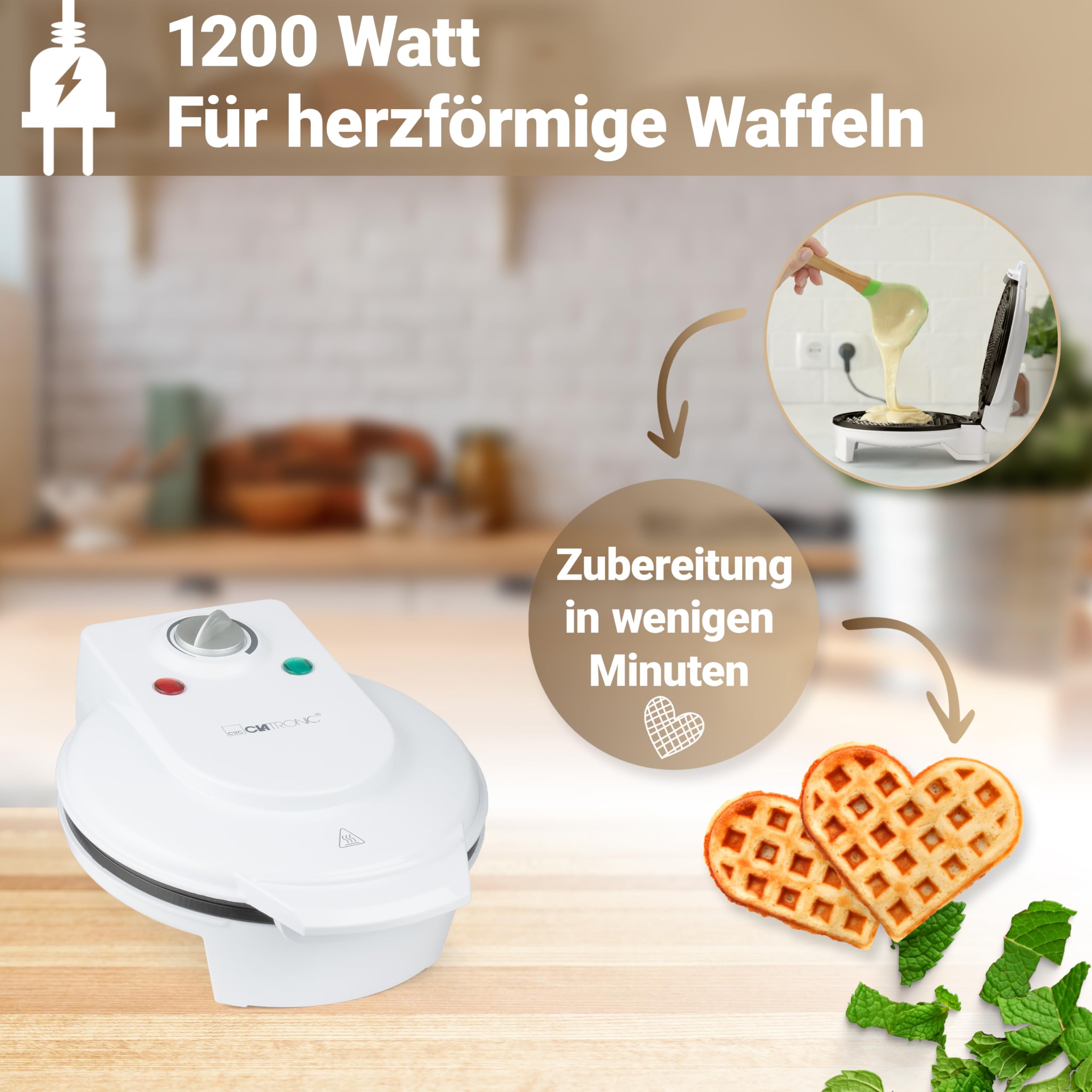 Clatronic WA 3491 Waffle Maker - 4-Slice Belgian Waffle Iron with Adjustable Temperature, Non-Stick Plates & Indicator Light - Perfect for Breakfast, Brunch & Family Gatherings