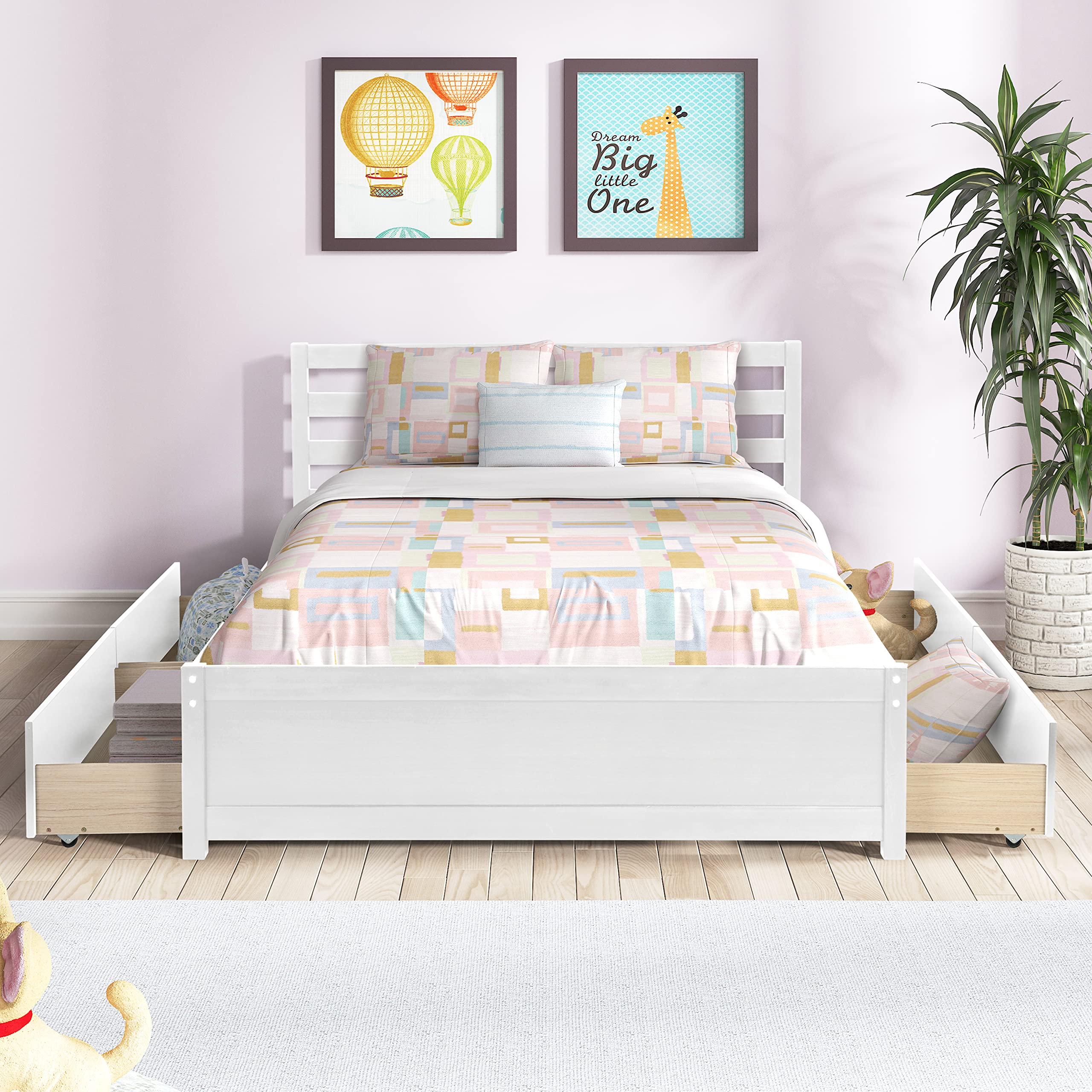 LZ LEISURE ZONE Full Size Bed Frame with 4 Storage Drawers - Sturdy Wood Platform Bed with Slat Support - White - Perfect for Small Bedrooms, Guest Rooms & Dorm Rooms