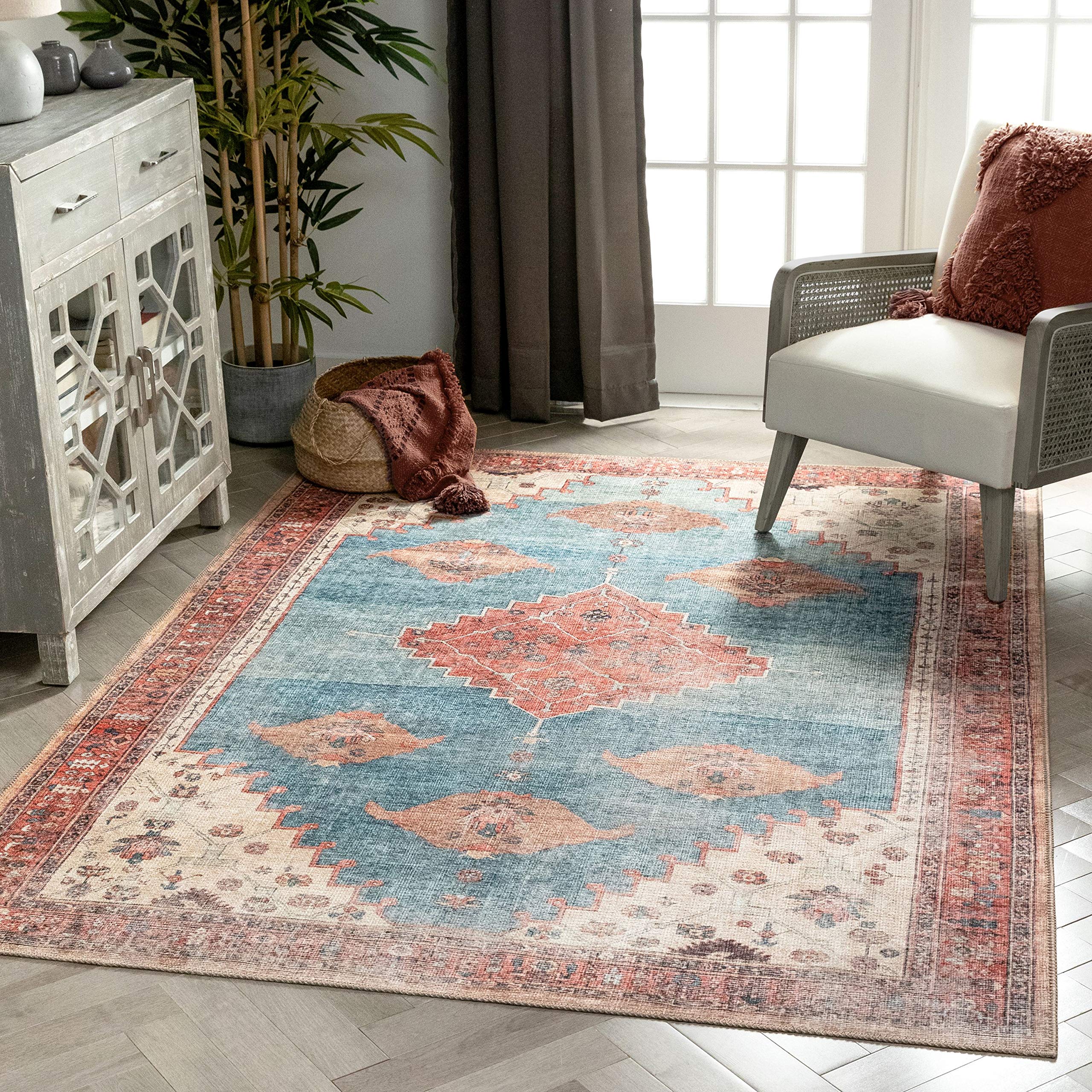 Well Woven Lotus Towne Vintage Medallion Persian Terra Blue Flat-Weave Area Rug 5'3