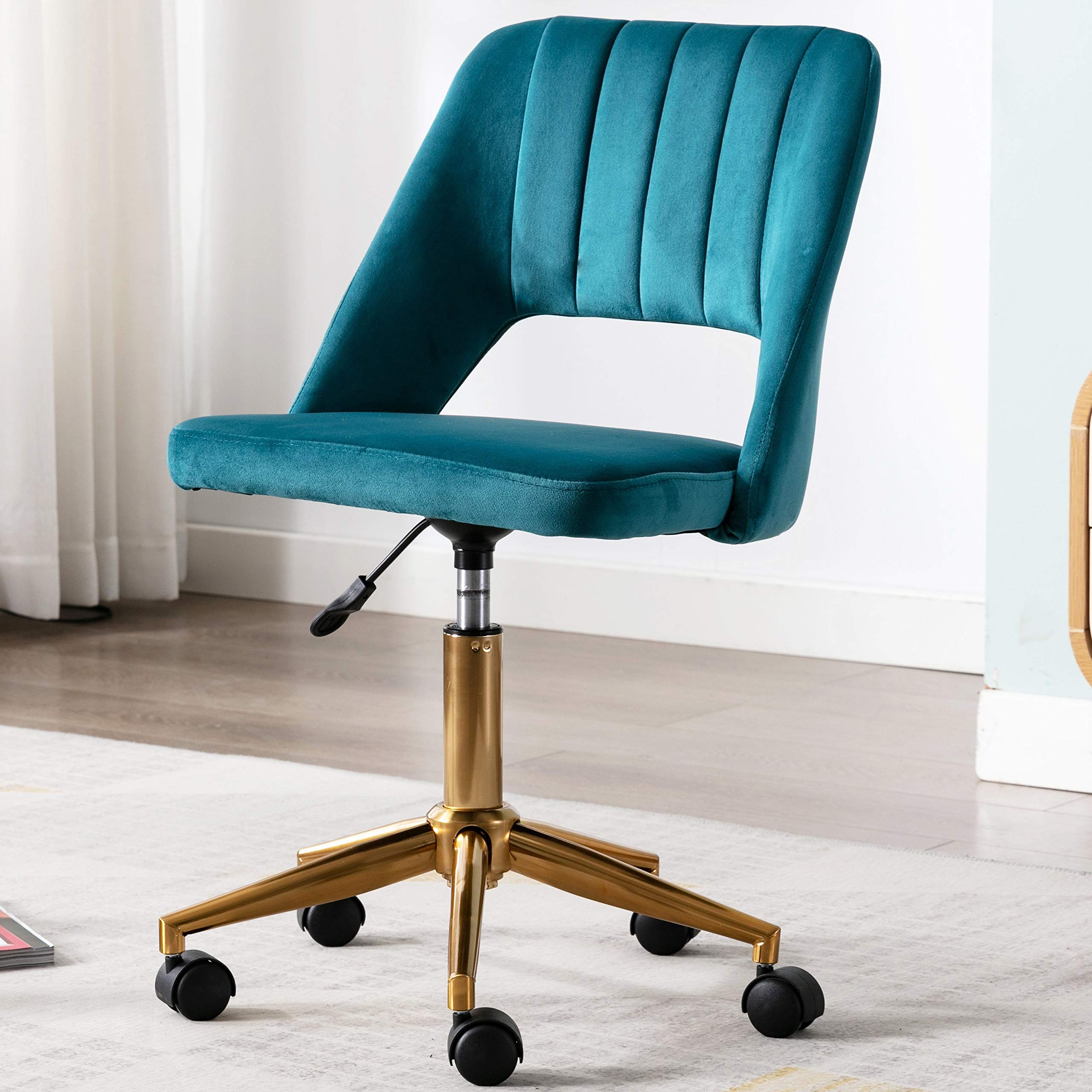 Wahson Blue Velvet Office Chair with Wheels - Ergonomic Swivel Task Chair for Home & Workspace, Teal Velvet Desk Chair for Comfortable Working, Studying & Gaming