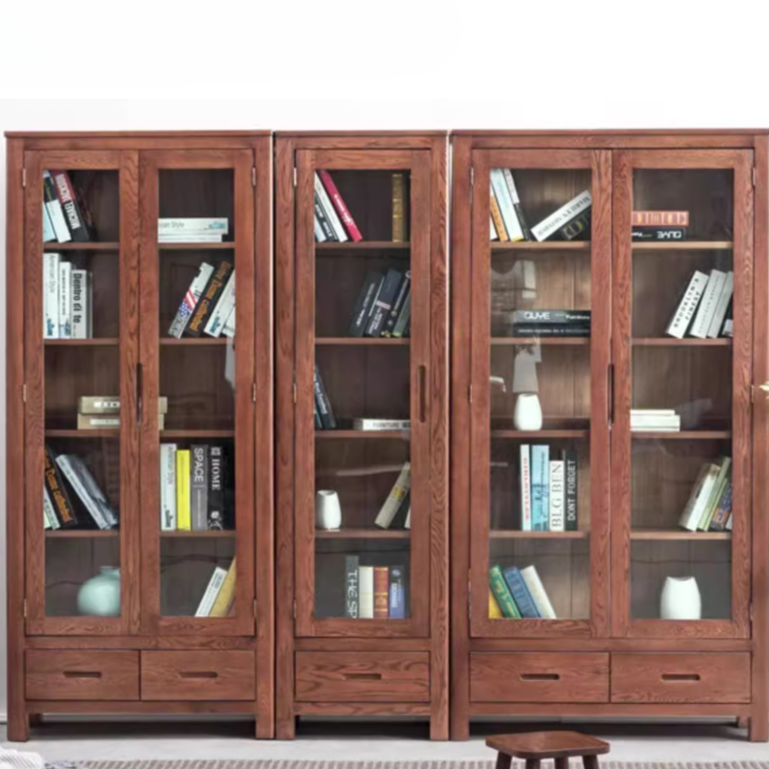 Oak Solid Wood Nordic Bookcase with Glass Door - Modern Bookshelf for Living Room, Office & Study - Perfect for Home Decor & Storage