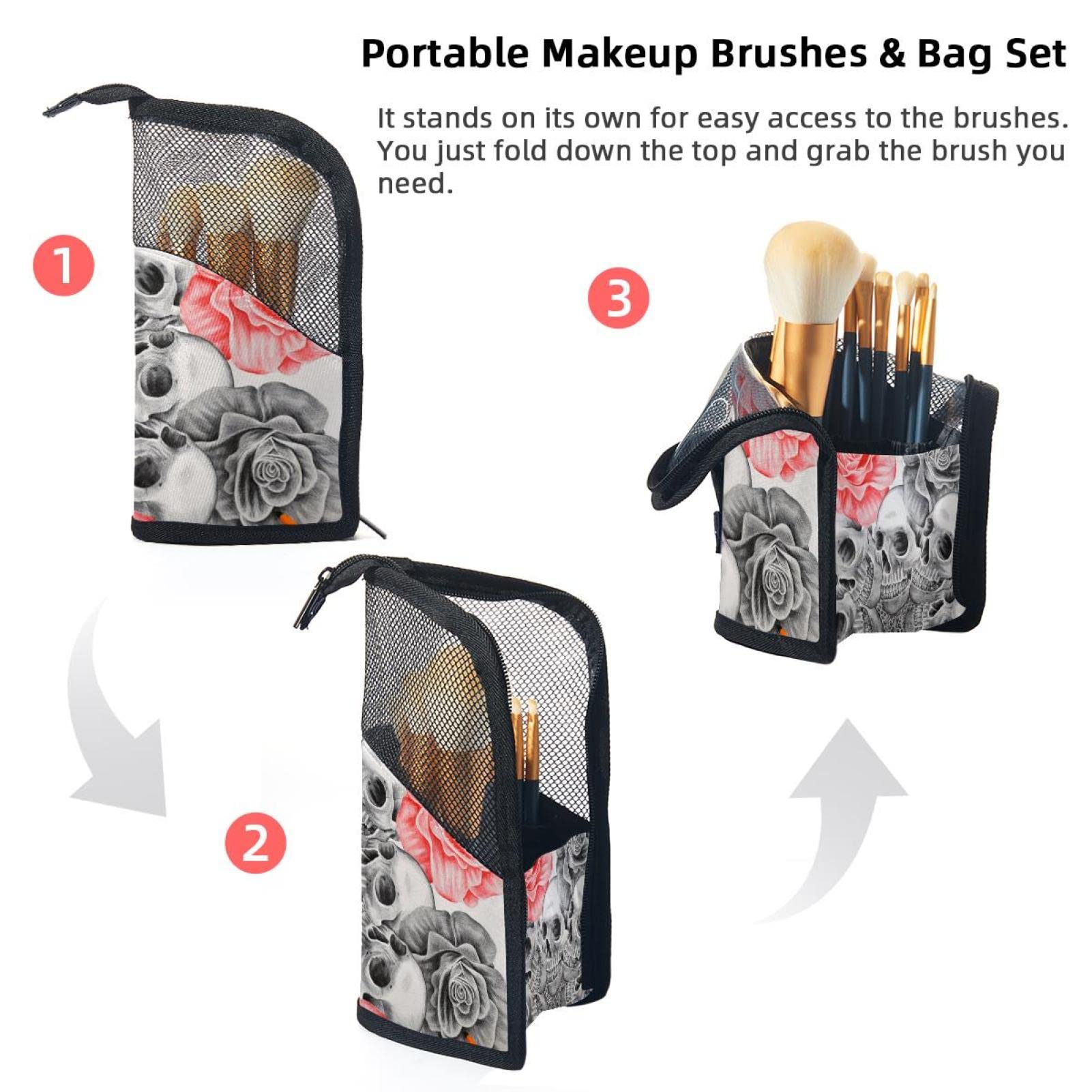 **12-Piece Makeup Brush Organizer Bag with Hand-Drawn Skull Rose Design – Portable Cosmetic Brush Holder Case for Travel & Home Storage**