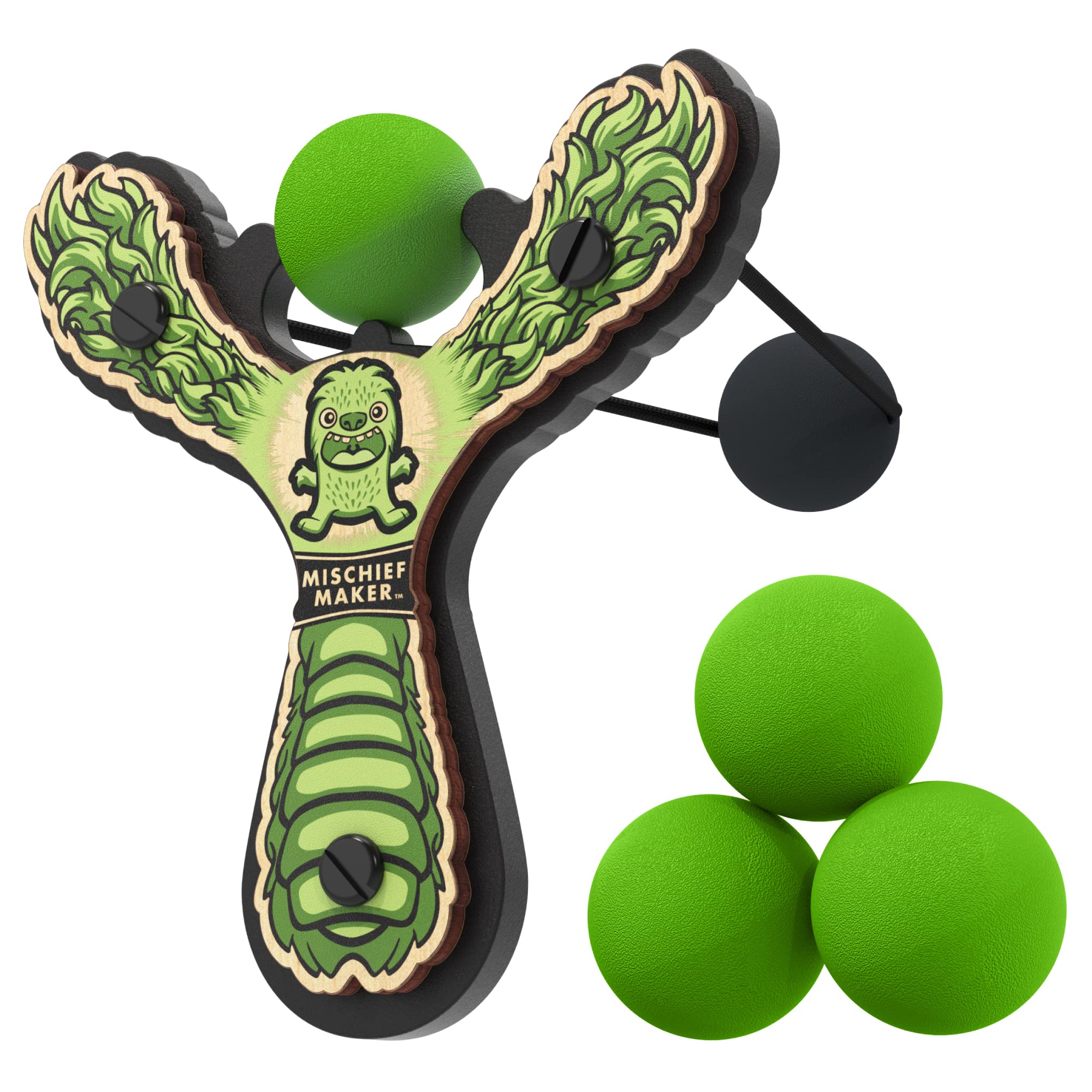 Mischief Maker® Wooden Slingshot - Lil' Monster Series - Real Wood Catapult Toy for Kids Ages 4+ with 4 Soft Foam Balls & Storage Bag - Outdoor Play, Backyard Games, Camping Fun (Green)