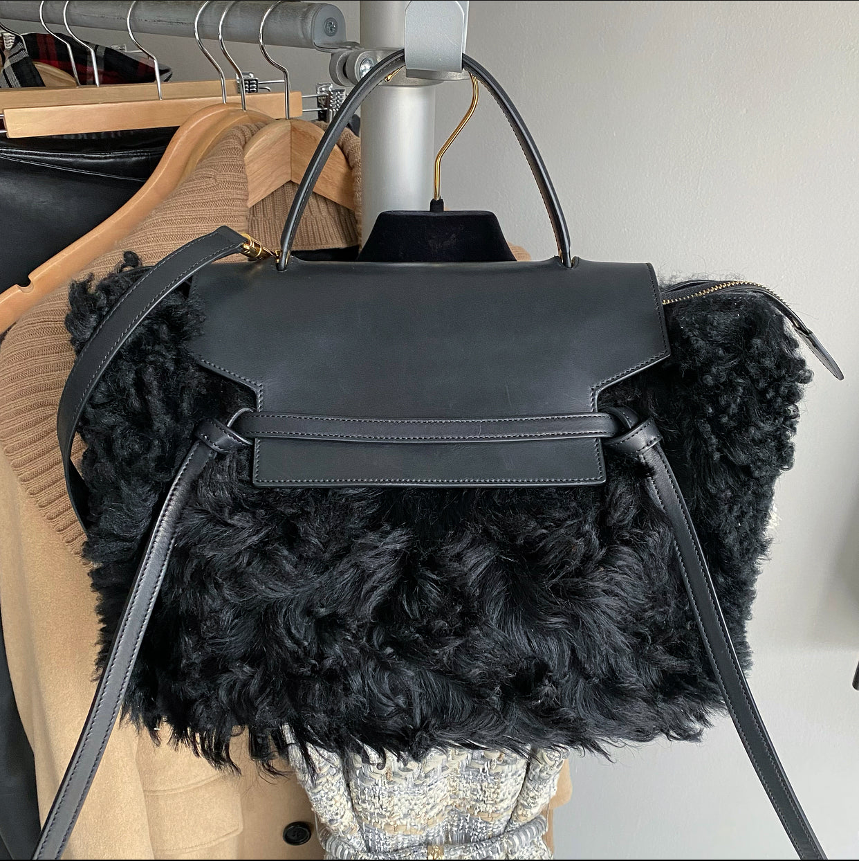 Celine Black Shearling Belt Bag - Stylish Crossbody Fanny Pack for Women | Perfect for Travel, Shopping & Everyday Use