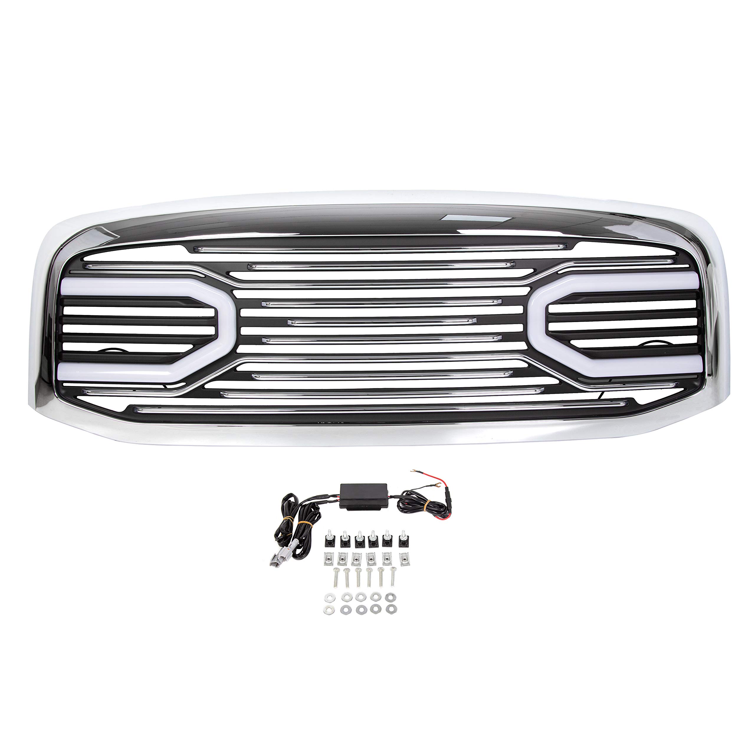 ECOTRIC Chrome Front Horn Grille with LED Light Compatible for 2006-2009 Dodge RAM 2500/3500 & 2006-2008 RAM 1500 - Replacement Shell for Off-Road & Truck Customization
