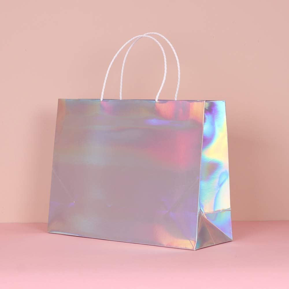 PAPERIST 6-Pack 11.8x4.7x9 Inch Medium Holographic Silver Gift Bags with Premium White Handles - Glossy Laminated Paper Bags for Birthday, Wedding & Party Favors