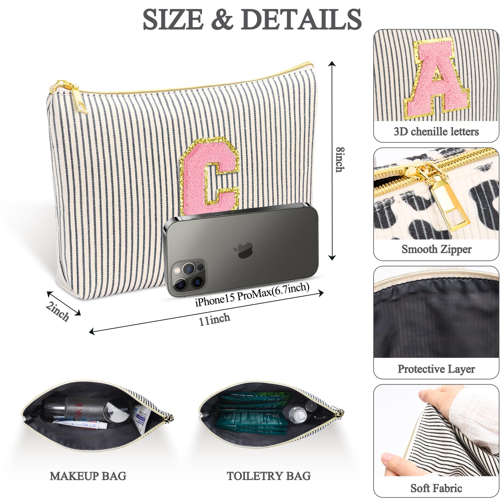 Personalized Initial Cute Pink Cosmetic Bag for Women | Makeup Pouch Organizer | Travel Toiletry Bag | Perfect Graduation Gifts for Girls 10-14, Birthday Gifts for Her, Mom, Girlfriend, Wife & Teacher | Great for Travel, School & Everyday Use | Black