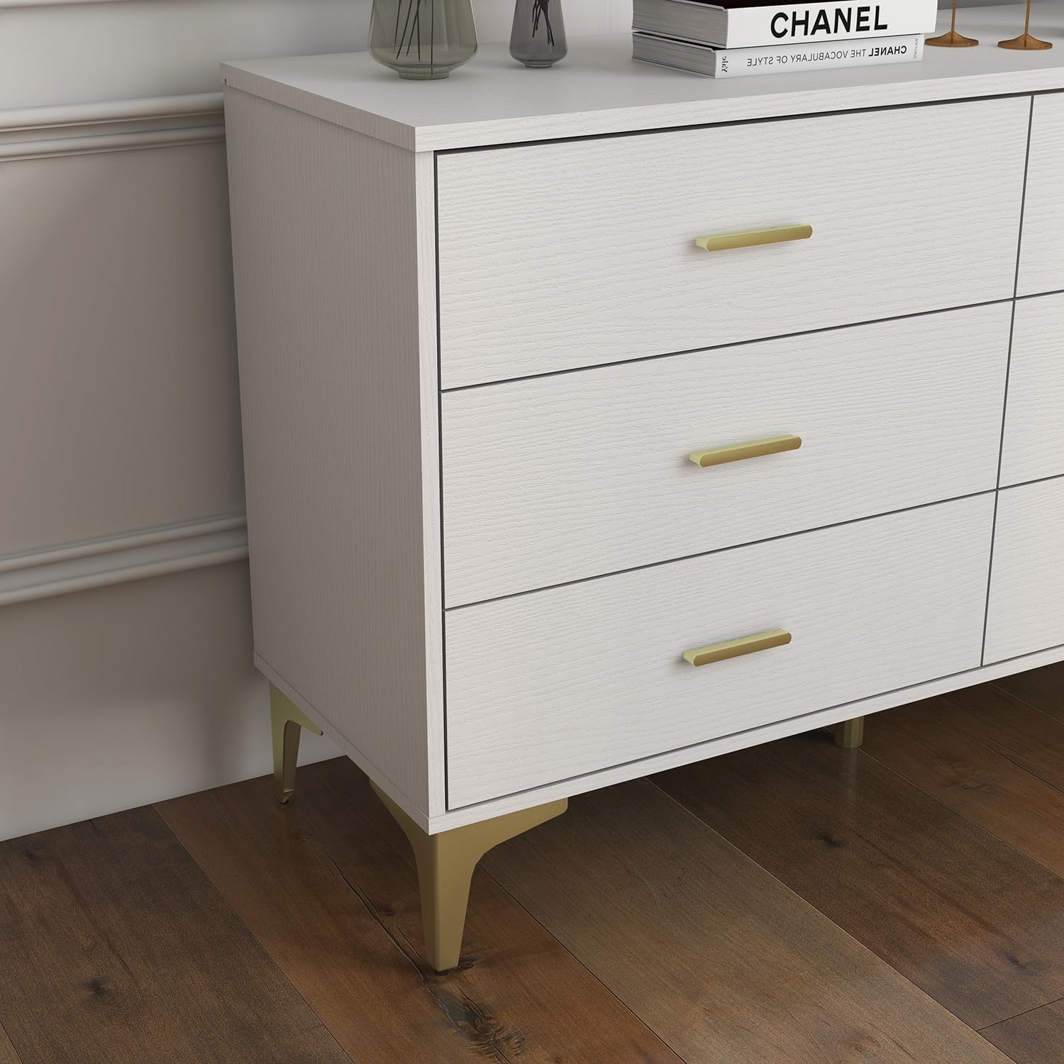 Modern 6-Drawer Wooden Dresser - Solid Wood Lateral Chest of Drawers with Wide Storage Drawers & Gold Metal Handles for Bedroom, Living Room, Hallway | Perfect for Closet Organization, Home Decor & Entryway Storage