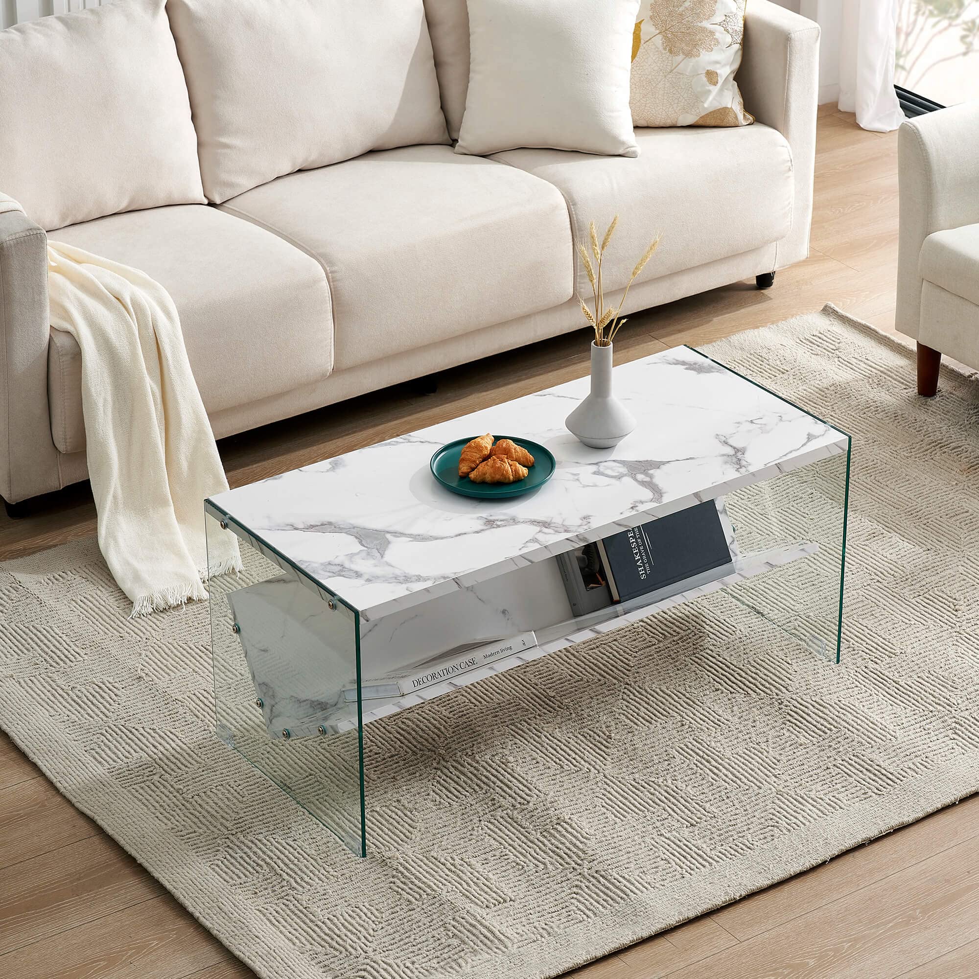 ivinta Modern Rectangle Coffee Table with Tempered Glass Legs & Storage - White 5771 | Perfect for Living Room, Lounge & Small Spaces