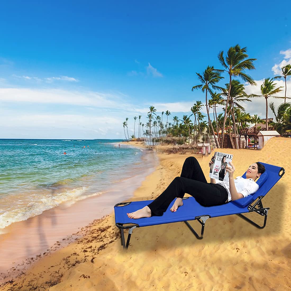 Portable Chaise Lounge - 4 Position Adjustable Outdoor Recliner Chair with Face Hole & Removable Pillow, 330lbs Weight Capacity - Perfect for Beach, Poolside, Patio, Lawn, Balcony and Backyard Relaxation
