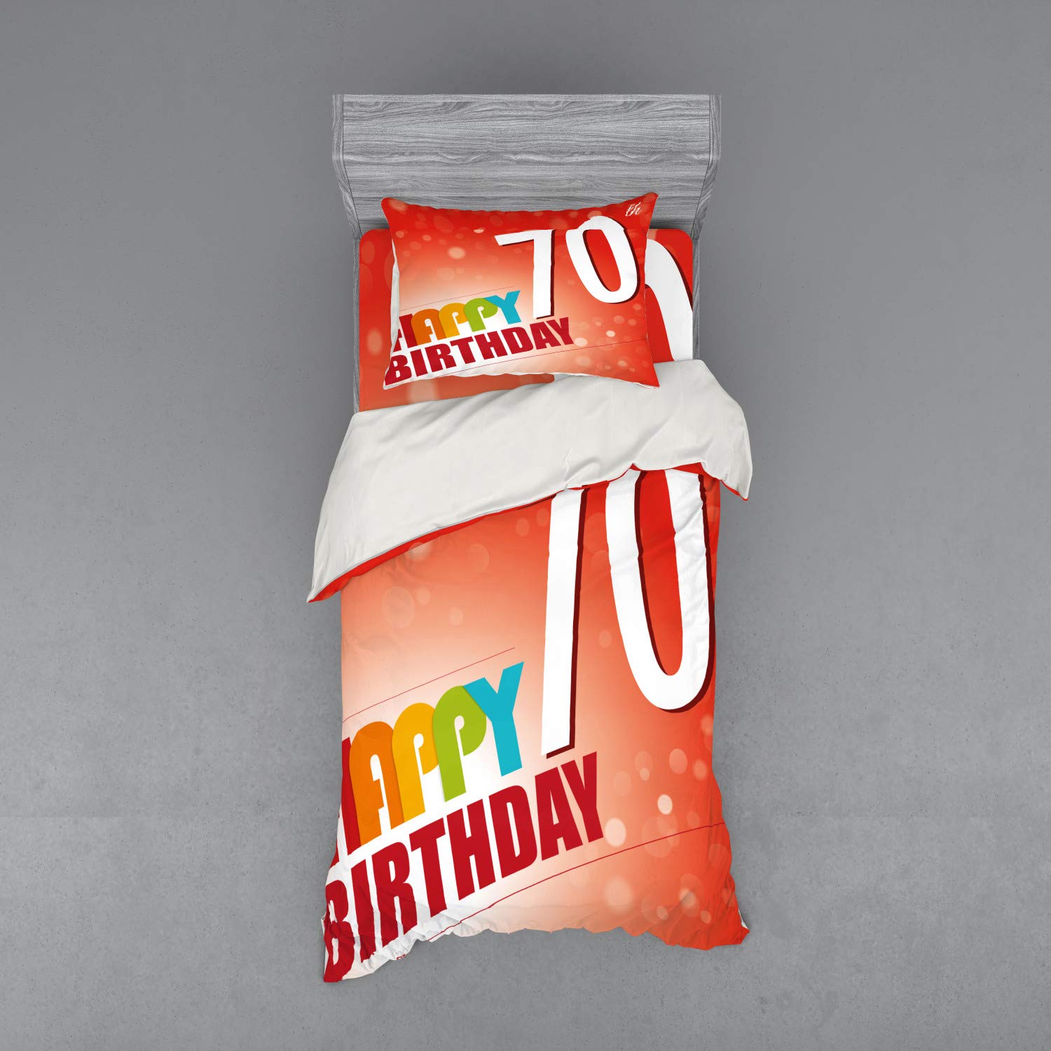 Ambesonne 70th Birthday Bedding Set - Vibrant Abstract Print with Happy Birthday Message, 3-Piece Duvet Cover Set with Sham & Fitted Sheet, Twin Size in Red & Orange - Perfect for Birthday Celebrations & Guest Room Decor
