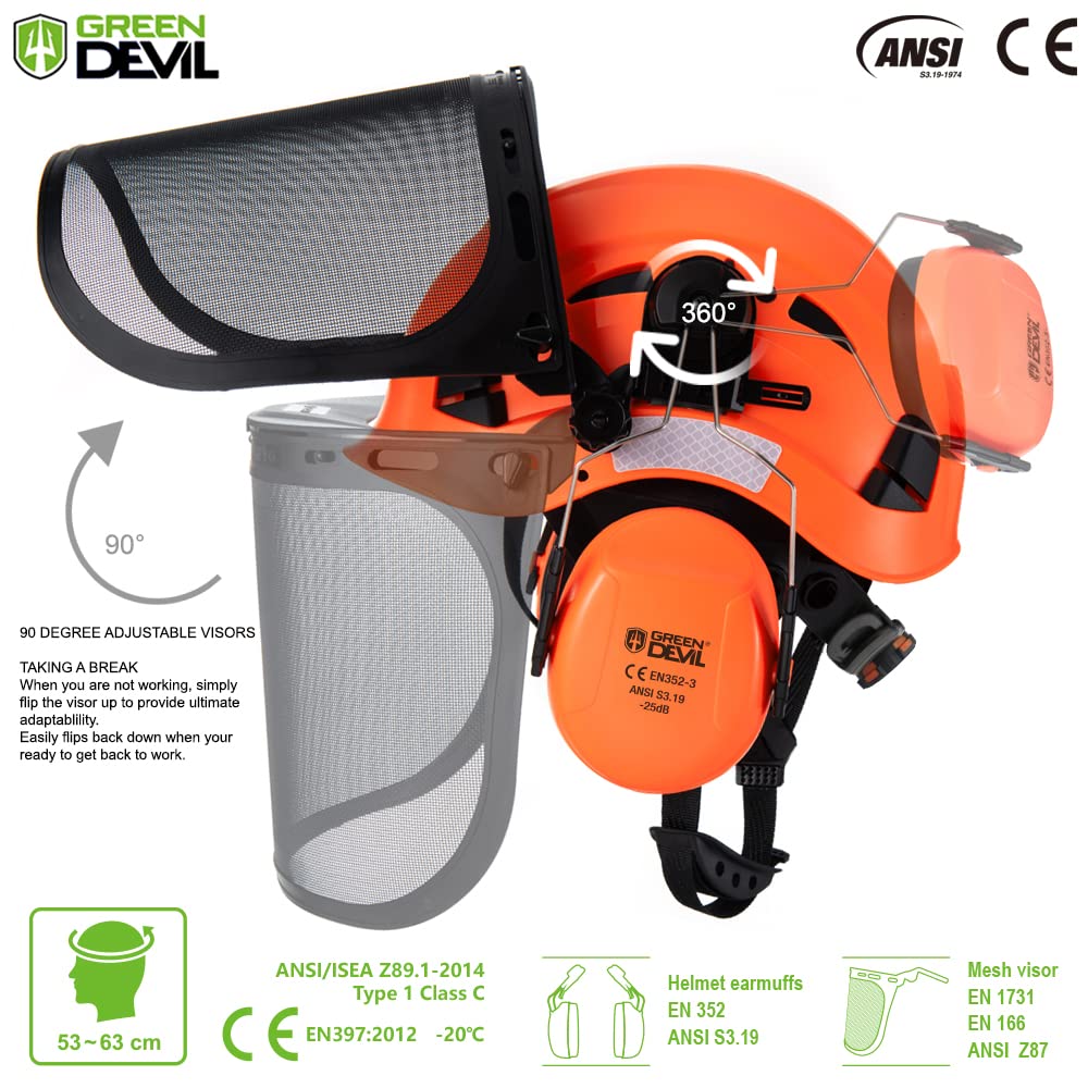 GREEN DEVIL Forestry Safety Helmet with Face Shield & Ear Muffs - 3-in-1 Chainsaw Helmet for Logging, Tree Cutting & Woodworking - ANSI Certified Hard Hat for Arborists & Lumberjacks