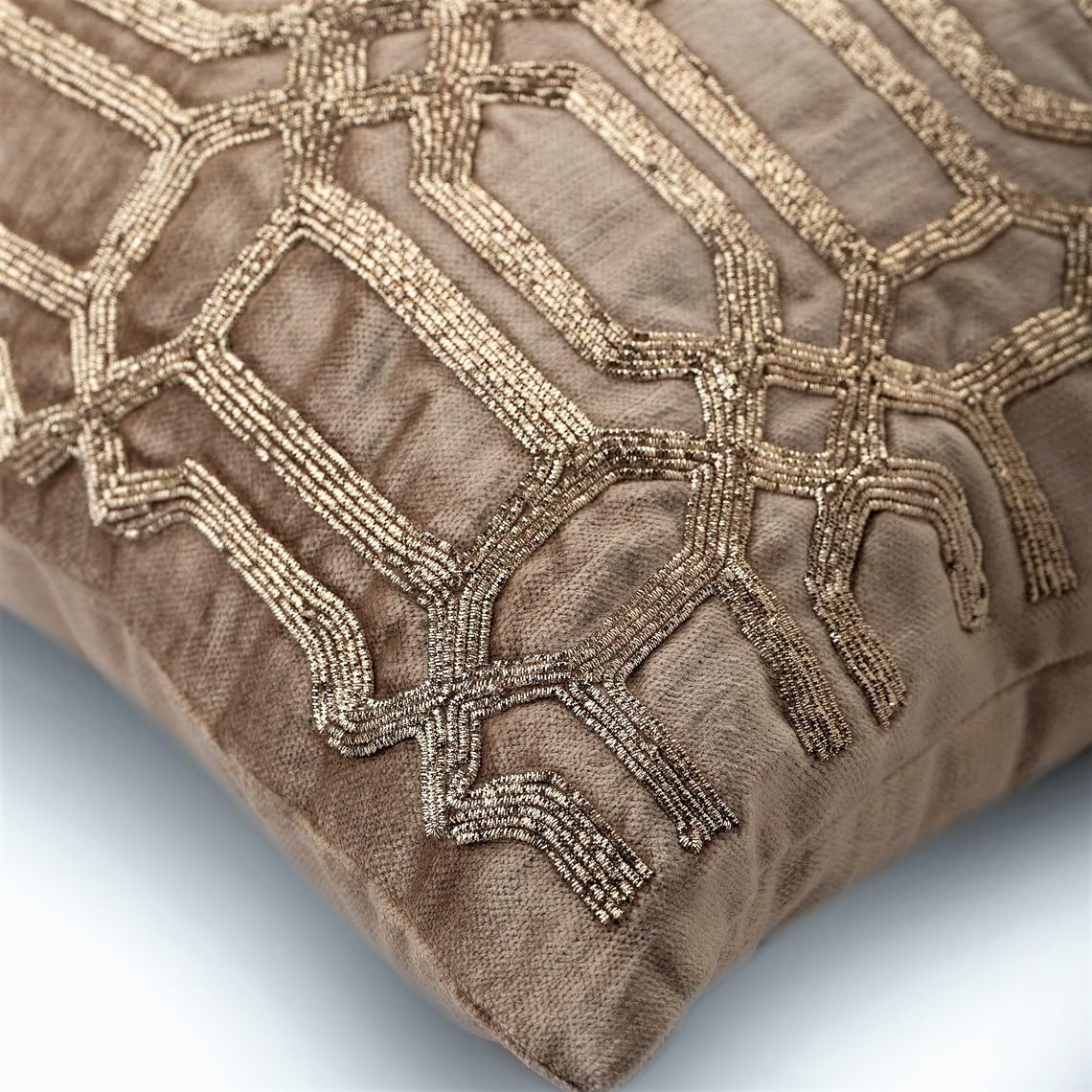 Luxury Gold Velvet Throw Pillow Covers 16x16 Inch (40x40 cm) - Geometric Lattice Trellis Pattern with Beaded Accents - Modern Decorative Cushion Covers for Sofa, Bed, Living Room - Turkish Inspired Golden Home Decor