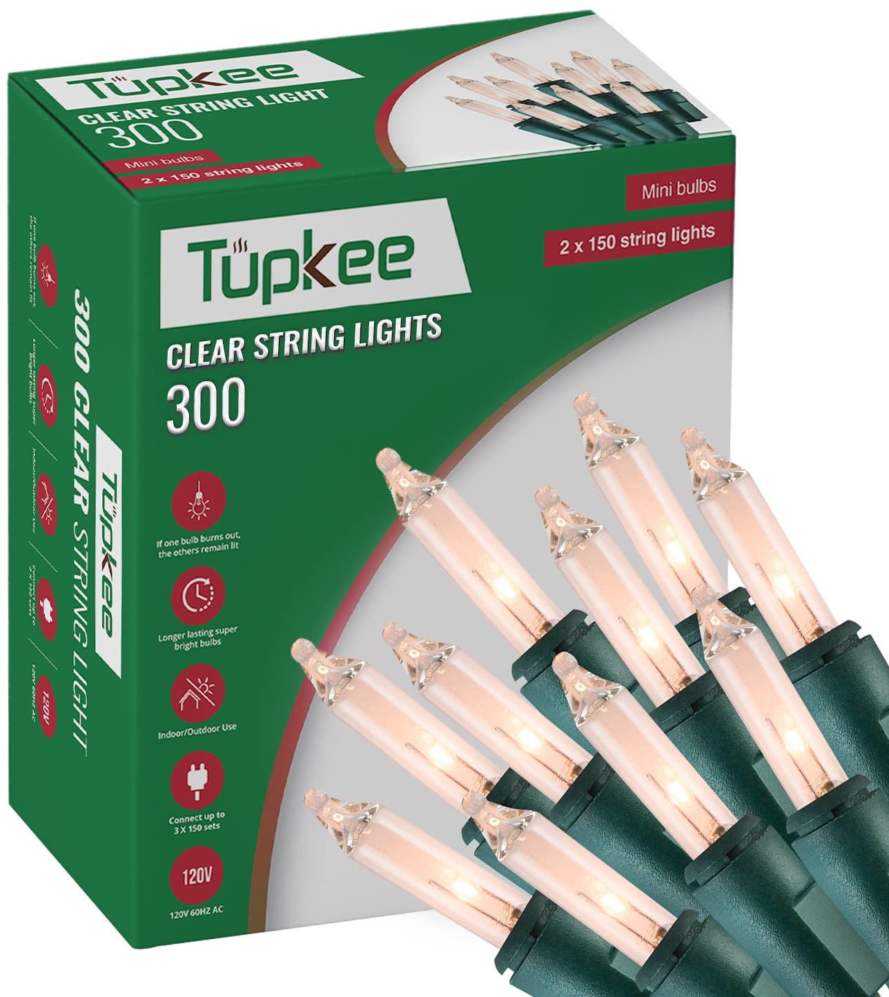 Tupkee 300-Count Christmas String Lights - 62ft Incandescent Mini Clear Warm White Holiday Lights for Indoor & Outdoor Decor - Perfect for Christmas Trees, Parties, and Festive Home Decoration