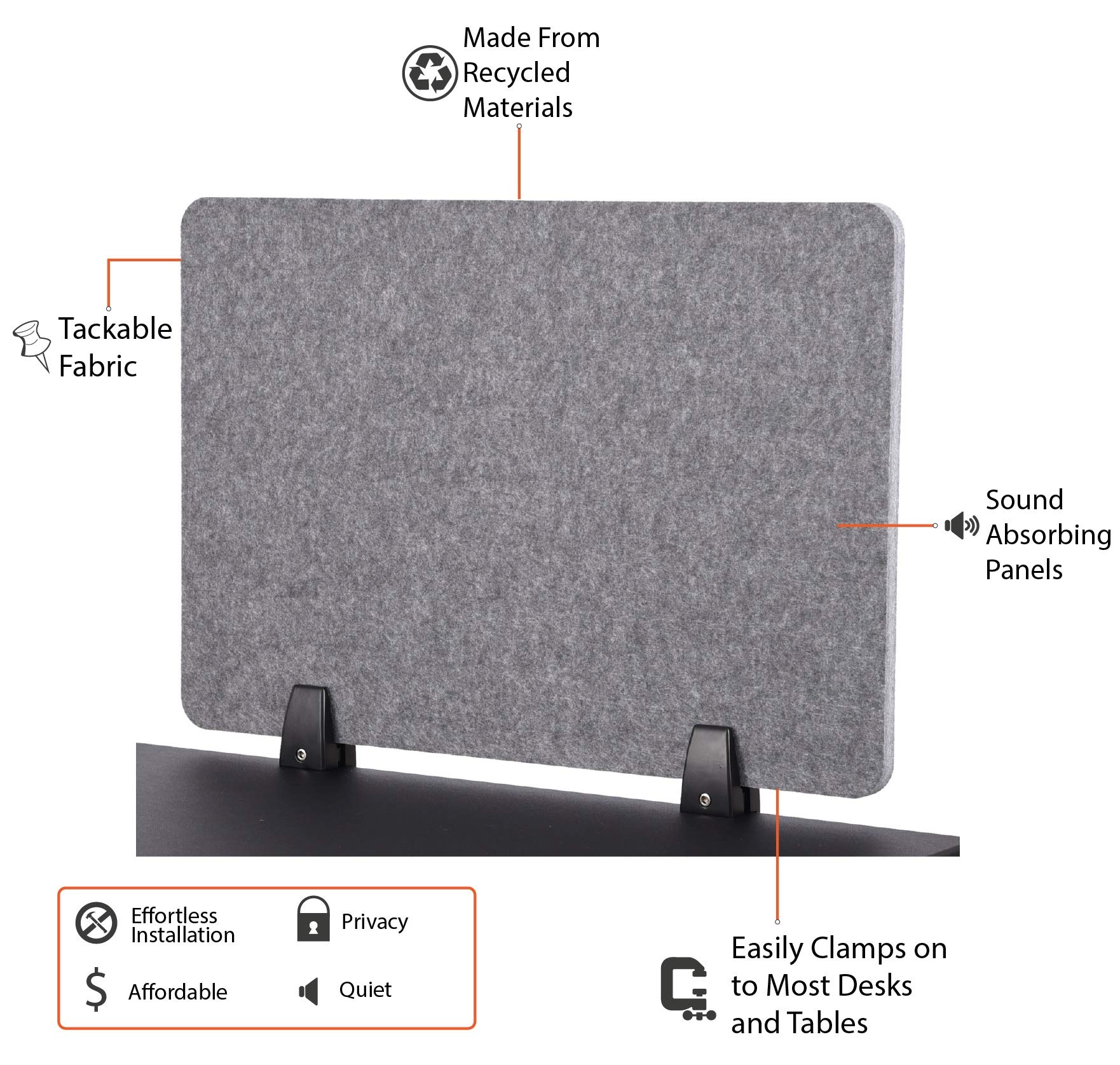 ReFocus™ Raw Clamp-On Acoustic Desk Divider – Noise Reducing Privacy Panel for Office & Home Workspaces | Lightweight Desk Mounted Screen in Castle Gray (47.25