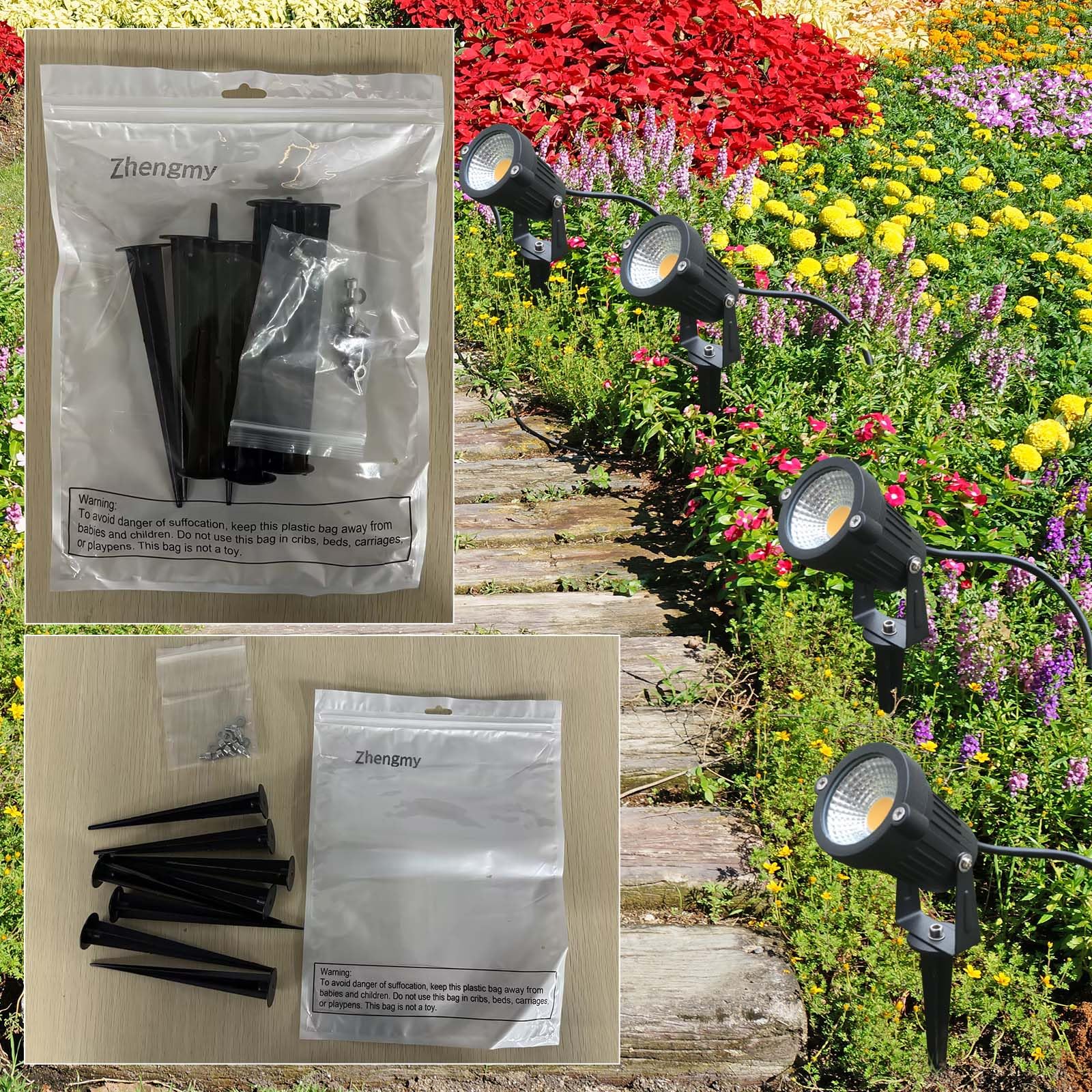 4 Pack Threaded Spike Flood Light Ground Stakes - 6.3 Inch Metal Replacement Stakes for Solar Lights with 8 Hex Screws - Outdoor Garden, Yard, Path & Lawn Lighting Accessories (Black) - Perfect for Landscape Lighting, Pathway Illumination & Decorative Outdoor Lighting