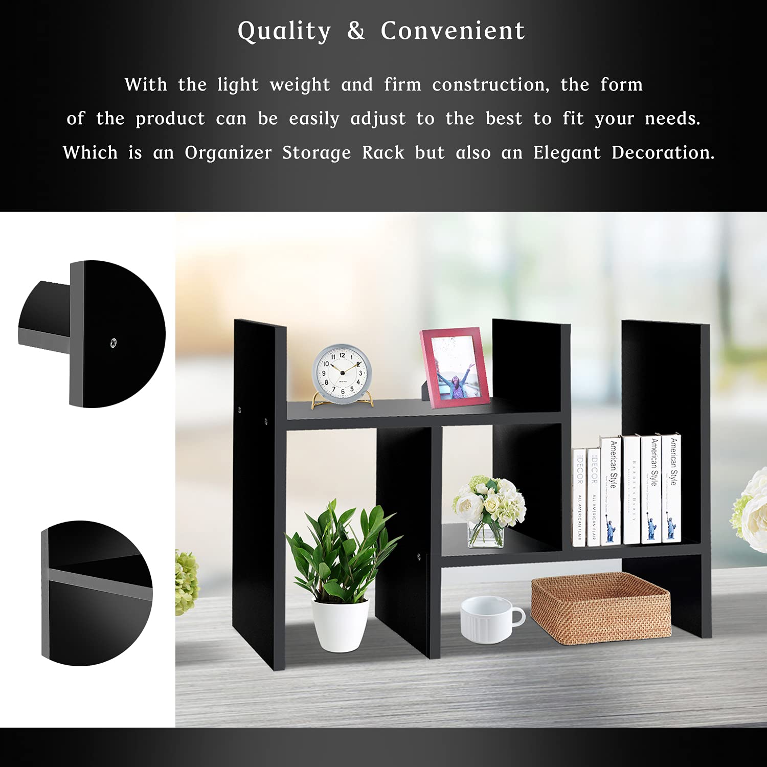 J.M.Deco Adjustable Desktop Organizer Shelf - Double H Display Office Storage | True Natural Wood Stand Shelf in Black | Perfect for Desk Organization & Home Office Accessories
