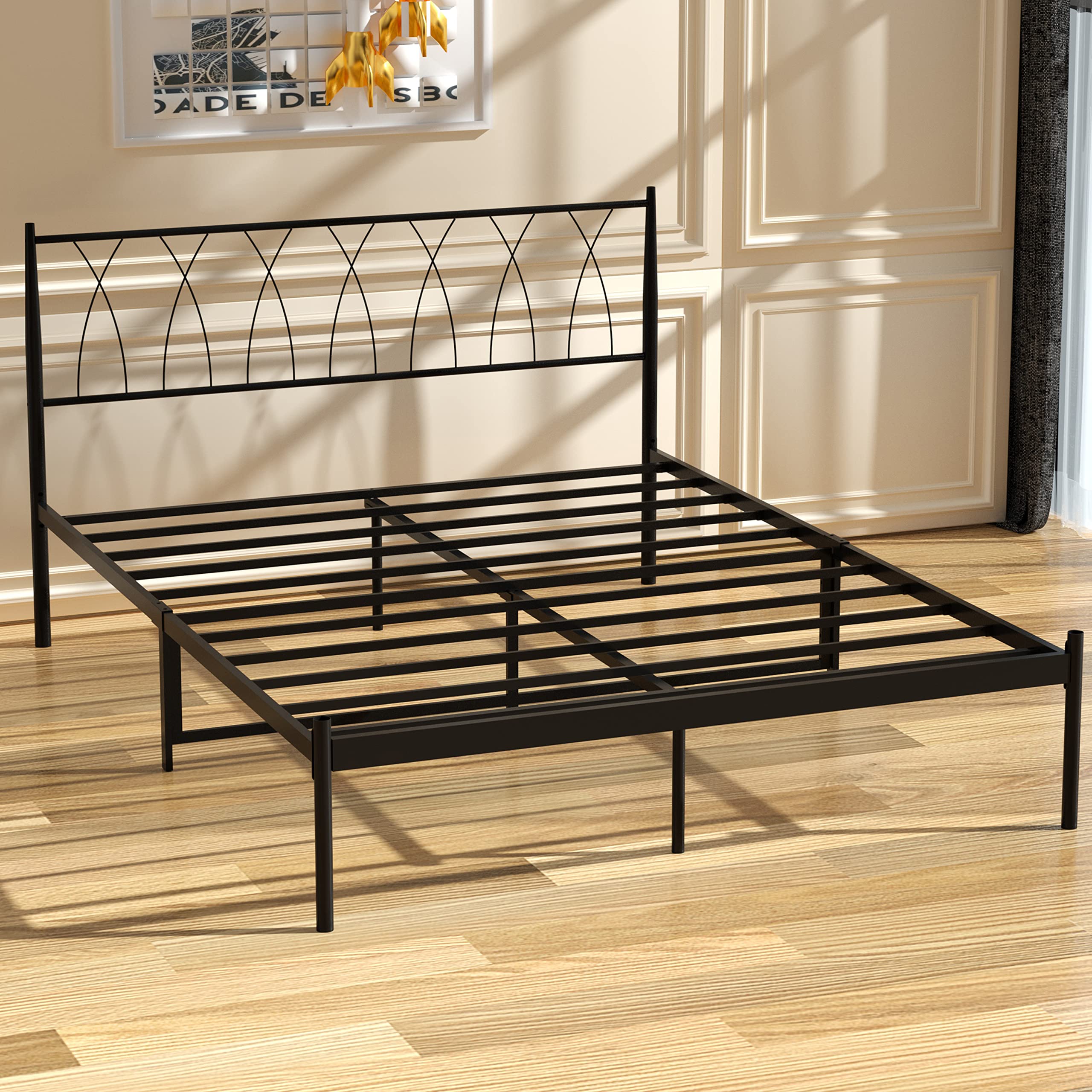 Worcester Queen Bed Frame with Headboard - 14 Inch Black Metal Platform Bed with Steel Slat Support | No Box Spring Needed | Easy Assembly | 83x62.5x14 Inches | Perfect for Small Bedrooms, Guest Rooms & Modern Apartments