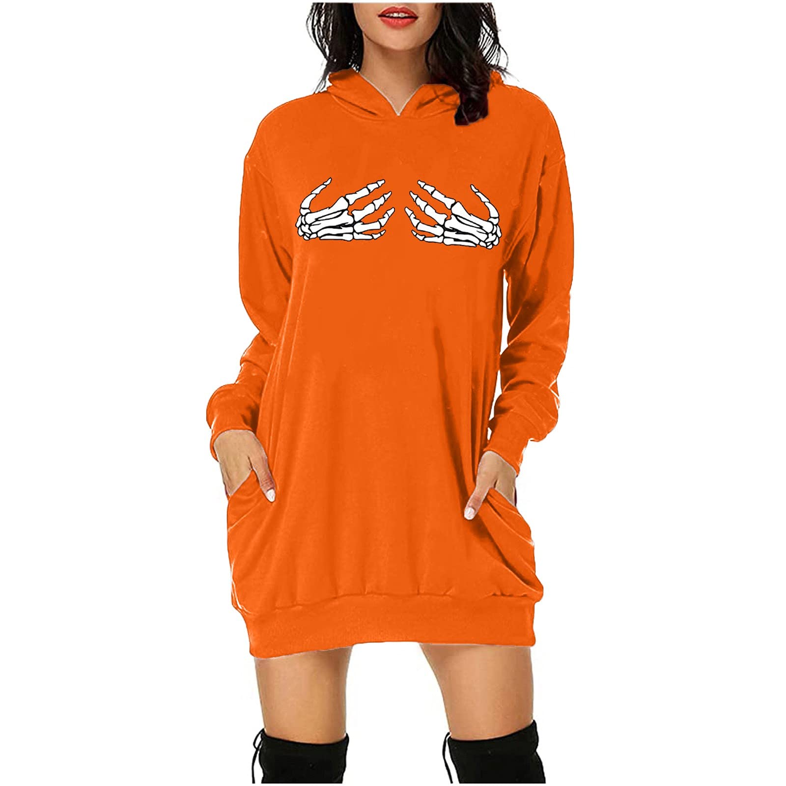 Women's Skull Print Hooded Sweatshirt Dress - Long Sleeve Pullover with Pocket | Gothic Halloween Outfit, Casual Fall Mini Dress for Streetwear & Party